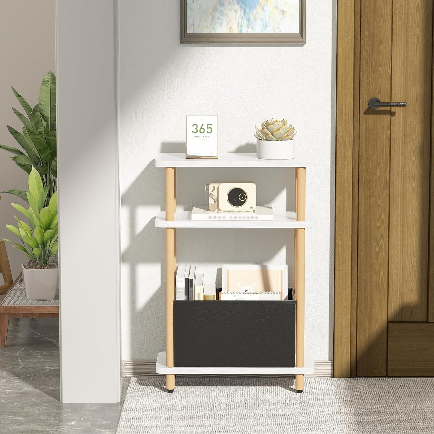 Narrow Side Table with Fabric Basket, 7" Wide, 3 Tier Skinny End Table with Wood Legs, Slim Nightstand/Bedside Table for Small Spaces, with Adjustable Feet, 15.7" L x 23" H