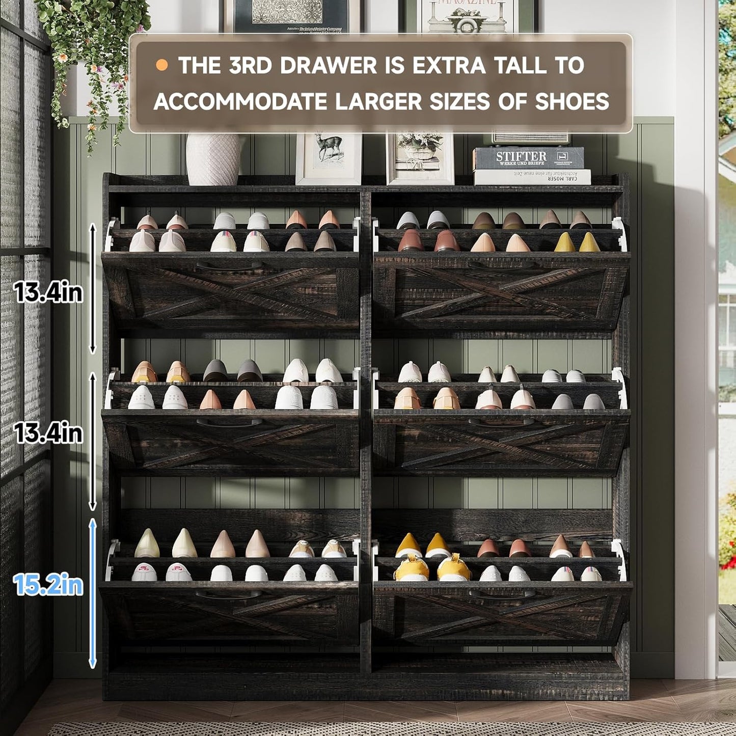 Maupvit Large Shoe Storage Cabinet with 6 Flip Drawers, Freestanding Shoe Organizer with Metal Handles for Entryway, Narrow Shoe Rack Cabinet, Dark Rustic Oak