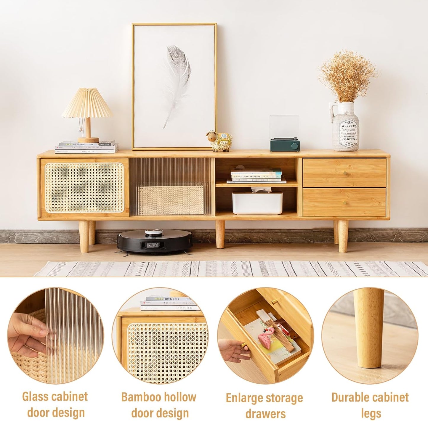 Tiita Rattan TV Stand for 55 65 Inch TV, Bamboo TV Cabinet with 2 Drawers, Boho Entertainment Center with Adjustable Shelf, Mid Century Modern Media Console for Bedroom, Living Room, Wood