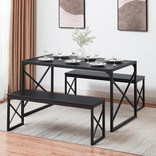 VECELO Kitchen Dining Table Set for 4 to 6, 55" Wood Dinette 2 Benches with Metal Frame for Dinner Breakfast Nook and Small Space, Black