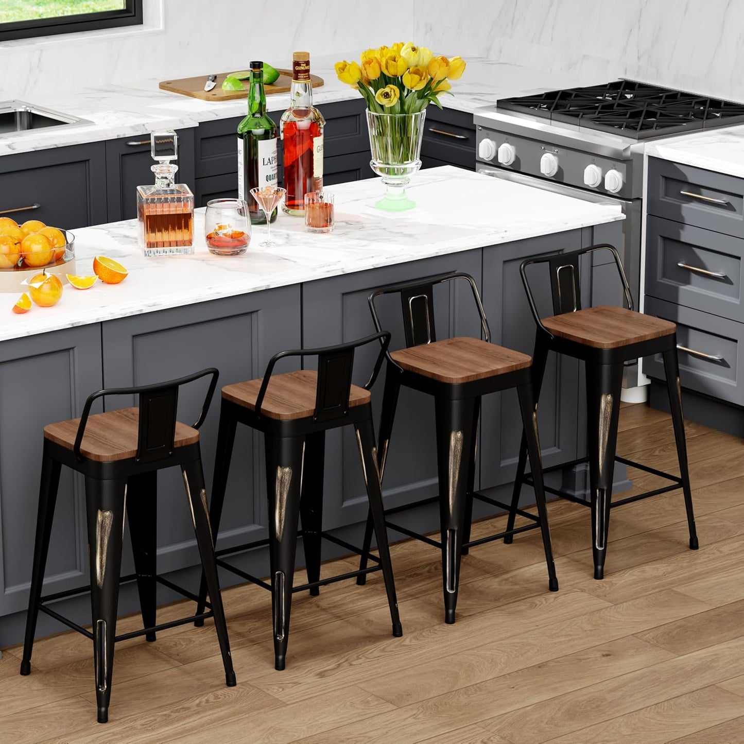 WENTMENT Bar Stools Set of 4 Counter Height Bar Stools Metal Barstools with Removable Back 30" Kitchen Bar Stools with Wooden Seat, Distressed Black