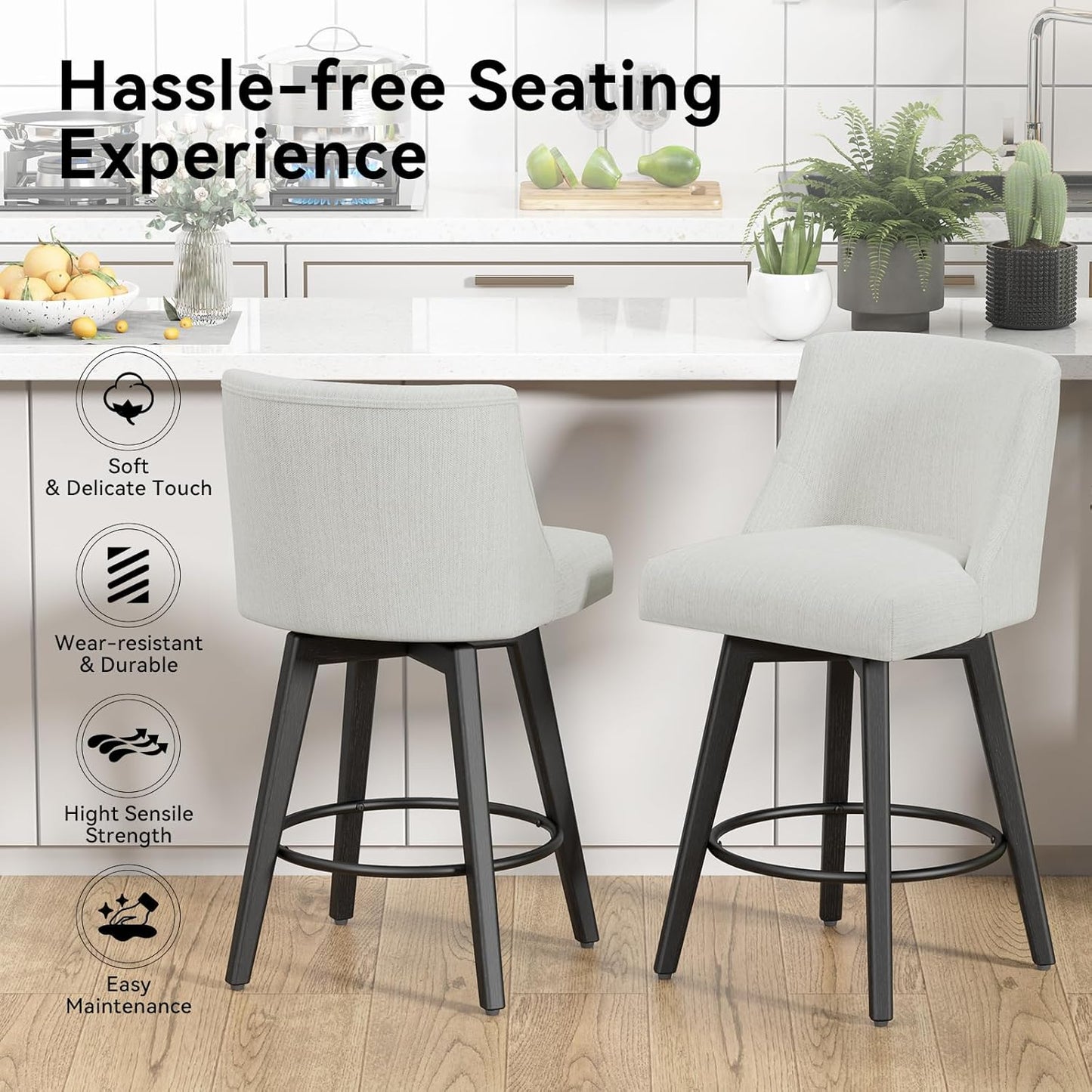 Counter Height Swivel Bar Stools Set of 2, 26 Inch Bar Stools with Footrest, Linen Fabric Upholstered Barstools with Back and Solid Wood Legs for Kitchen Island, Dining Room,Pub,White