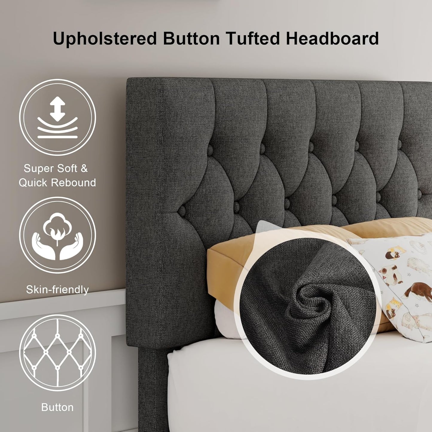 Feonase Twin Platform Bed Frame with Button Tufted Headboard, Upholstered Linen Bed with Wooden Slats Support, No Box Spring Needed, Noise-Free, Easy Assembly, Dark Grey