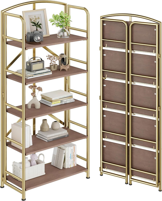 No-Assembly Folding Gold Bookshelf Storage Shelves 5 Tiers Vintage Multifunctional Plant Flower Stand Storage Rack Shelves Bookcase for Home Office