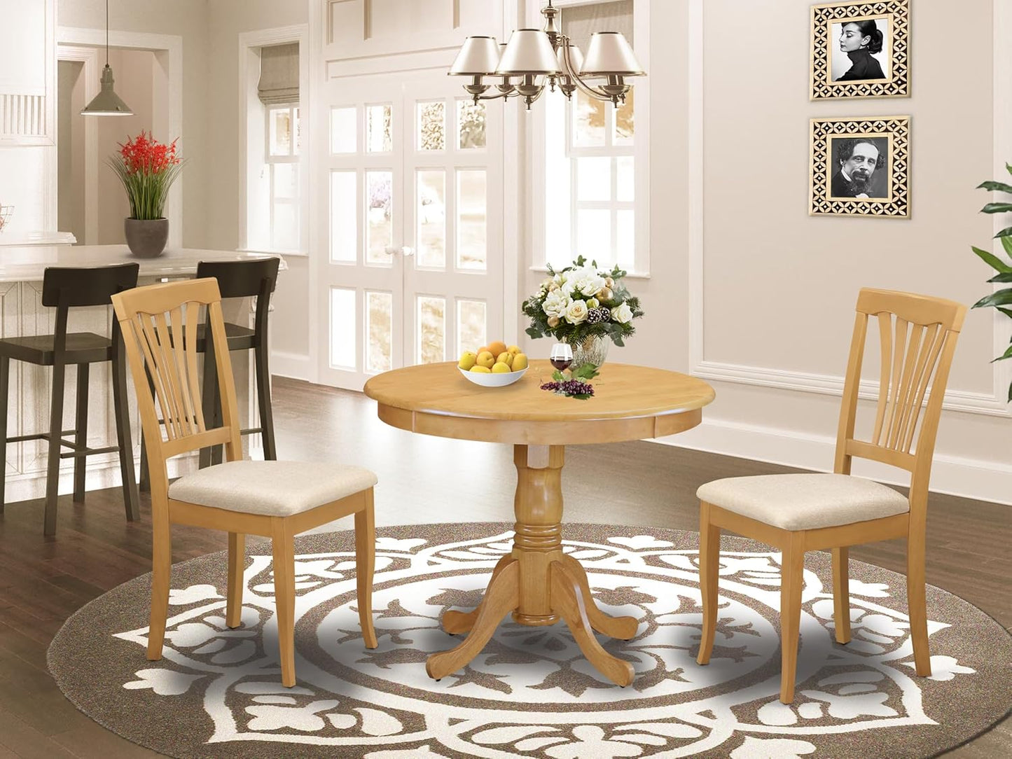 East West Furniture ANAV3-OAK-C 3 Piece Dining Room Table Set Contains a Round Wooden Table with Pedestal and 2 Linen Fabric Kitchen Dining Chairs, 36x36 Inch, Oak