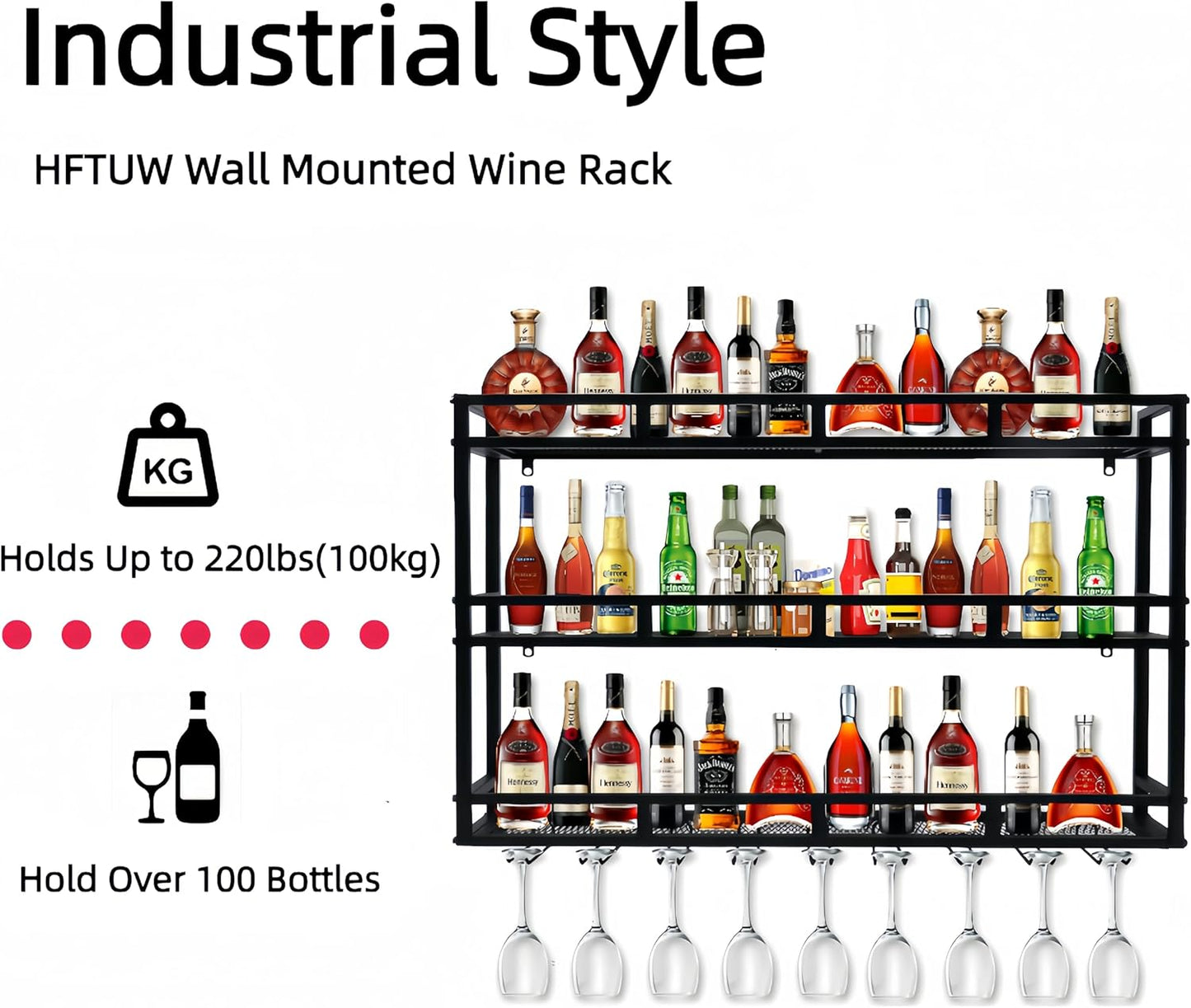 Metal Wine Rack Wall Mounted, Bar Shelves for Liquor Bottles with LED Light, 3 Tier Large Capacity Liquor Rack Wall Mounted with Glass Holder for Home Bar & Dining Room （Black, 59in/150cm）