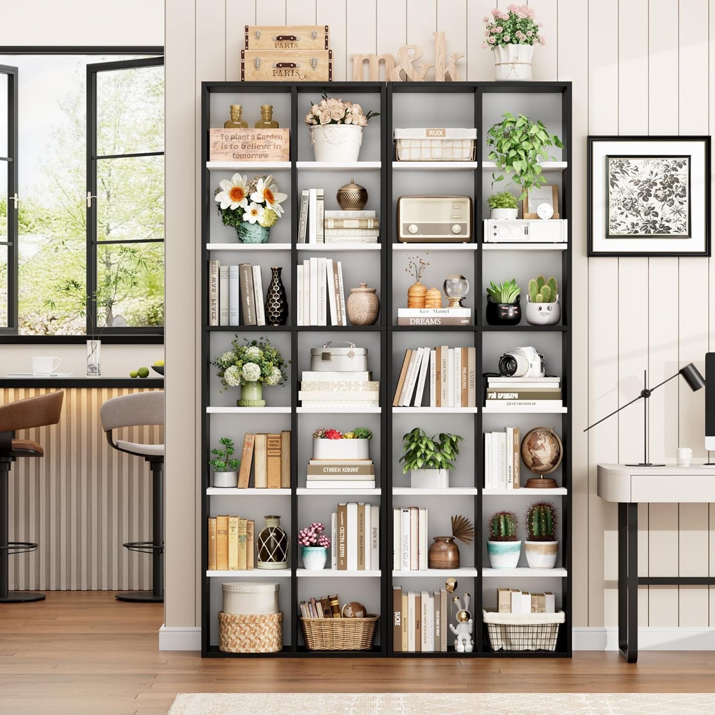 FOTOSOK 71'' Tall Bookshelf, Double Wide Media Tower Rack CD DVD Rack Display Cabinet with Adjustable Shelves, Tall Narrow Bookcase Bookshelf for Home Office, White/Black