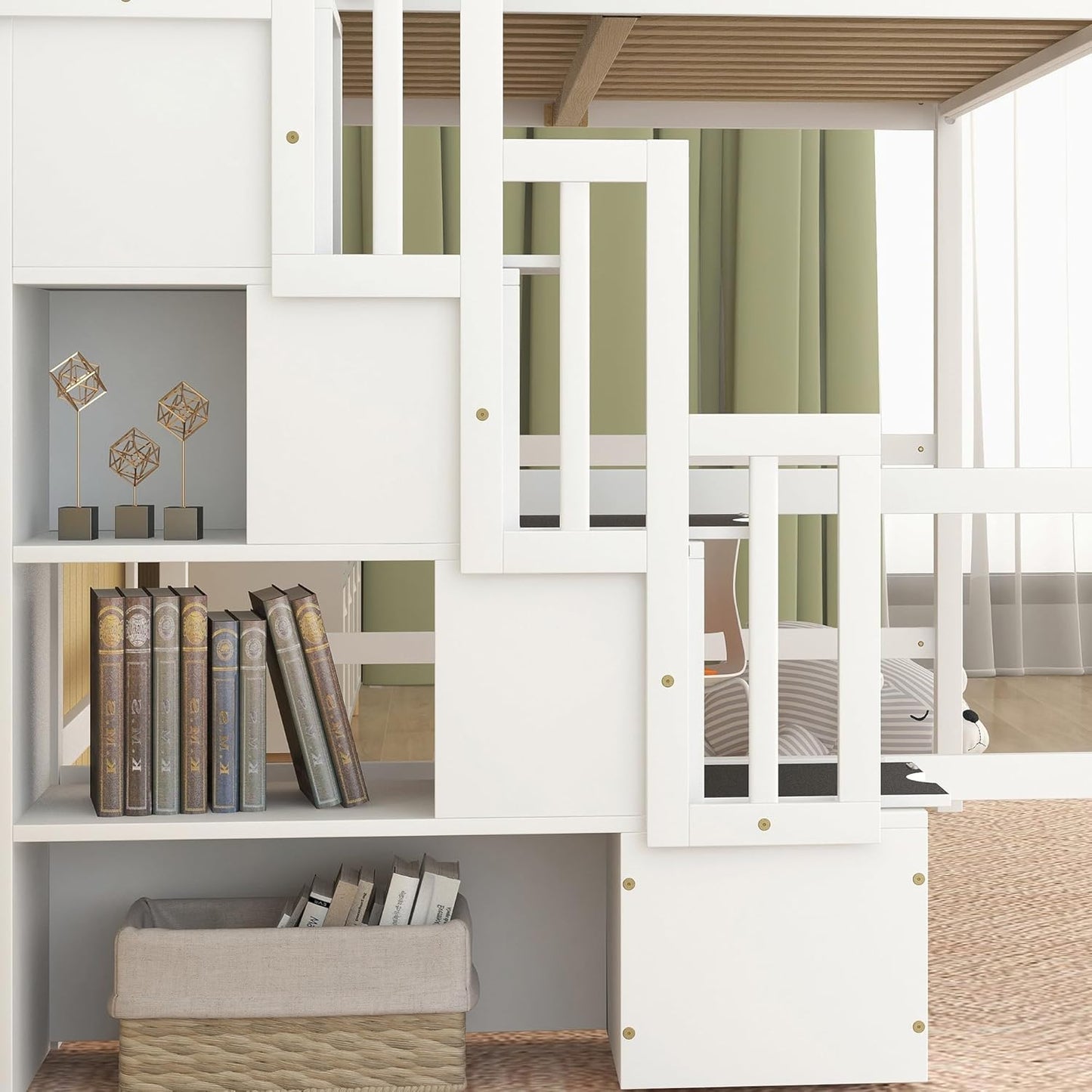 HomSof Full Size Loft Bed with Built-in Desk, Bookshelves and Storage Staircase,White
