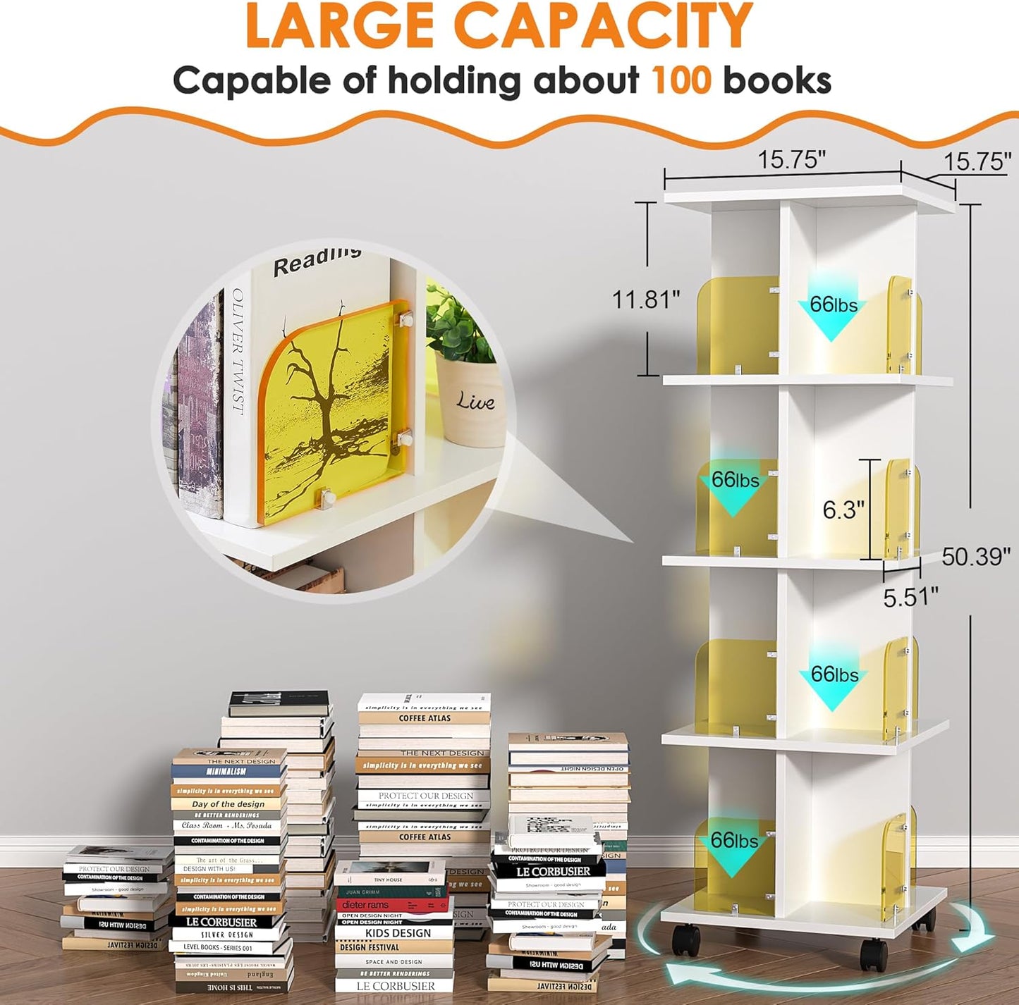 VECELO 4-Tier Rotating Bookshelf, Modern Swivel Bookcase, Vintage Book Shelf for 360° Display, Stackable Shelves Floor-Standing Storage for Home Office, Solid Wood, Smooth Spinning, White