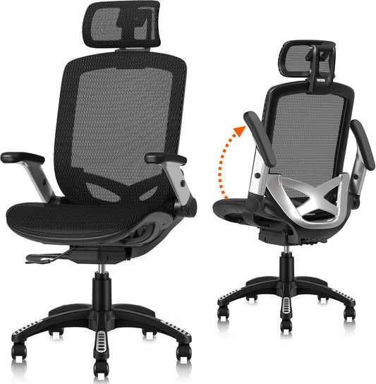 GABRYLLY Ergonomic Office Mesh Chair, High-Back Desk Chair with Sliding Seat, Adjustable Flip-up Armrest & 2D Headrest, 4-Gear Tilt Function, Swivel Computer Gaming Chairs for Man Woman