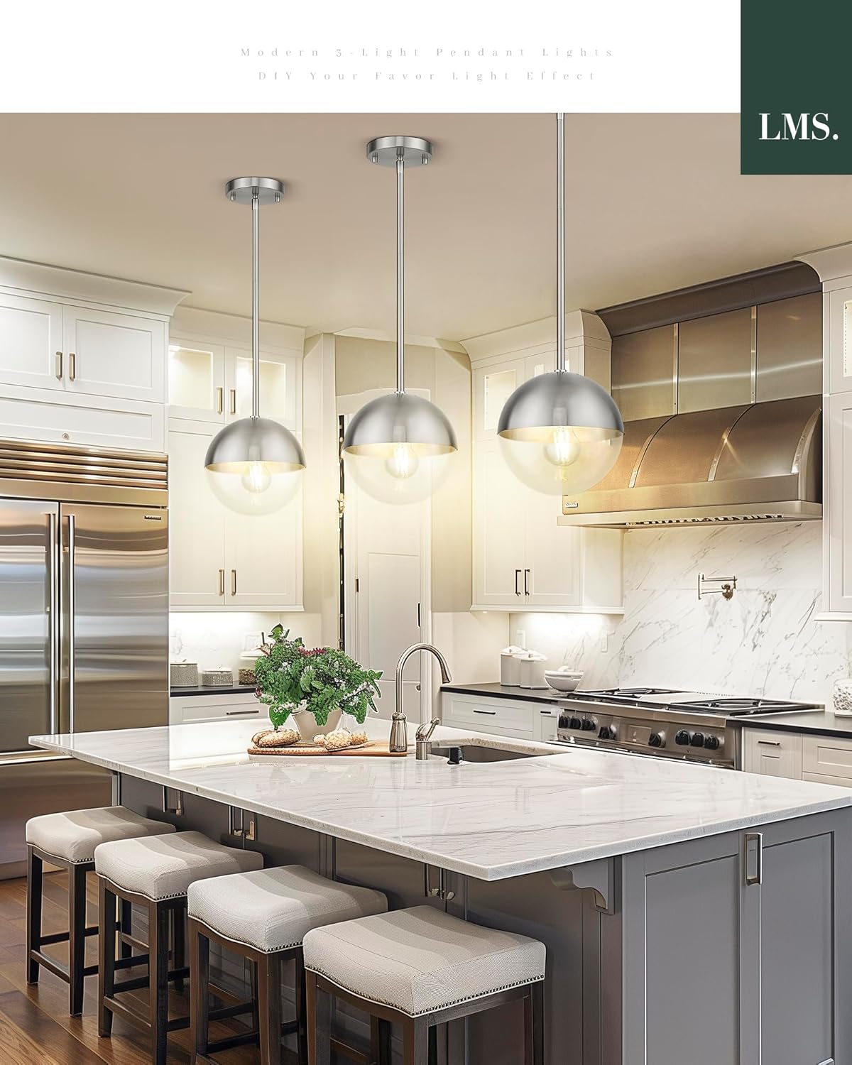 LMS Modern 1-Light Pendant Light Fixtures, Brushed Nickel Kitchen Island Pendant Light Fixtures with Clear Globe Glass, Adjustable Hanging Rod Ceiling Light for Dining Room Bathroom, LMS-186BNC