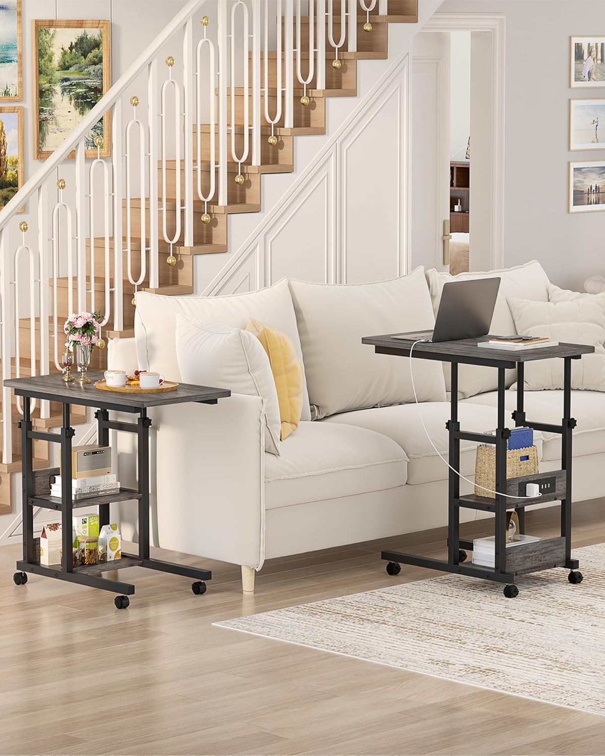 Height Adjustable End Table with Charging Station, Mobile C Shaped Laptop Side Table with Wheels, 3-Tier Sofa Couch Table with Storage Shelve for Living Room Bedroom, Grey Oak