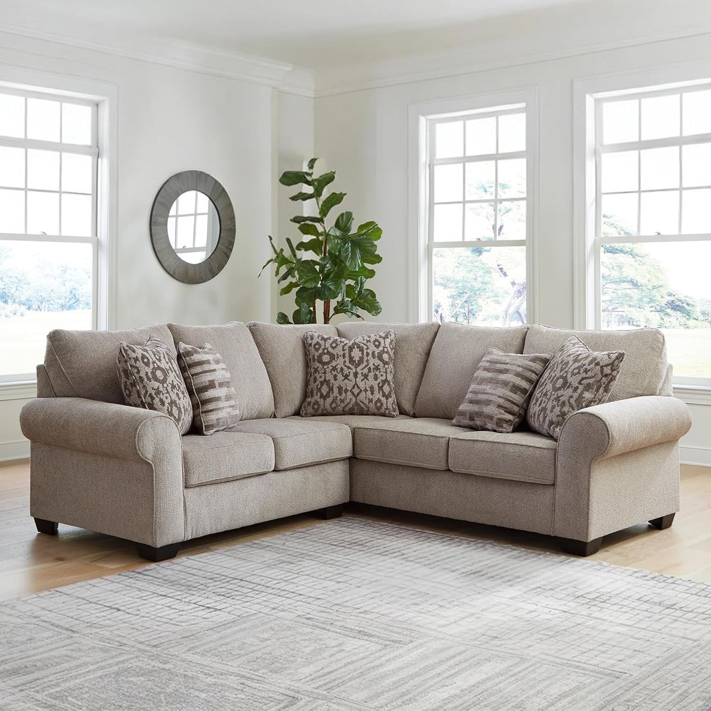 Signature Design by Ashley Claireah Casual L-Shaped 2-Piece Sectional with Loose Seat Cushions and 5 Accent Pillows, Beige