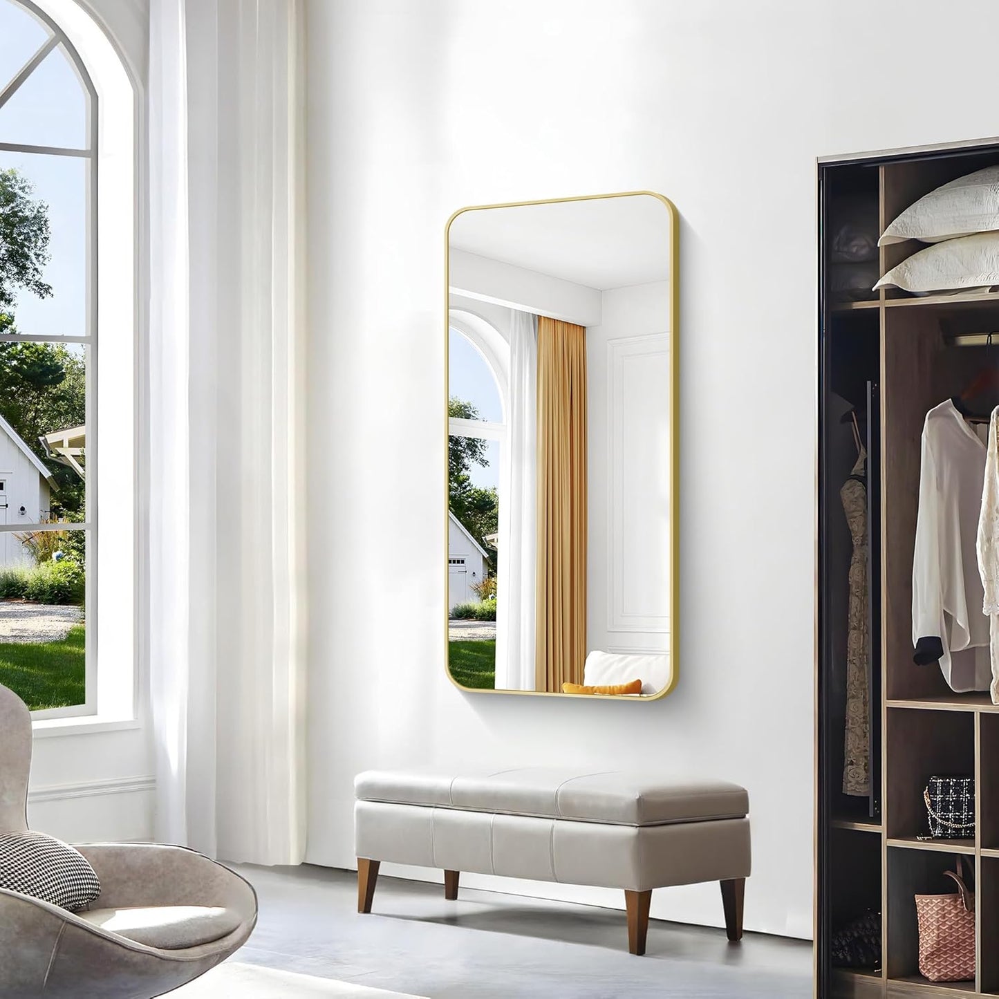 Gold Bathroom Mirror,24x48 inch Wall Mirror for Bathroom Wall Mounted,Round Rectangle Mirror for Bathroom Over Sink,Modern Frame for Home Decor Living Room,Bedroom Entryway,Horizontal/Vertical