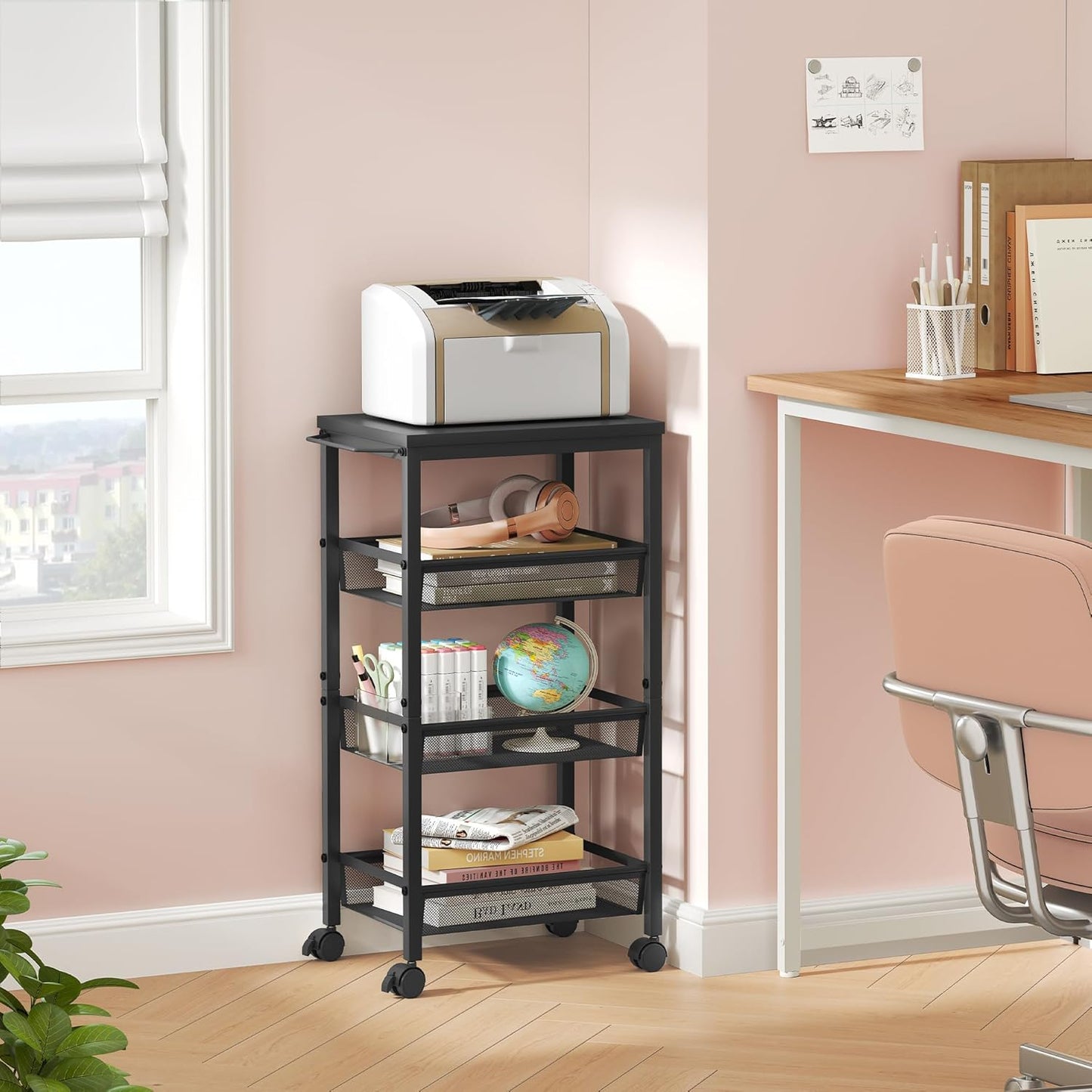 Hoctieon Rolling Storage Cart, 4-Tier Wide Panel Rolling Kitchen Storage Cart, Utility Cart with Handle & Wheels, Mobile Shelving Unit, Metal Frame Narrow Cart for Home Kitchen, Laundry, Black