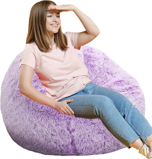 Fluffy Bean Bag Chair, 3FT Round Memory Foam Filled Bean Bag for Teens & Kids, Ultra Soft Faux Fur Fabric Bean Bag Chairs for Playroom, Living Room, Bedroom, Lavender