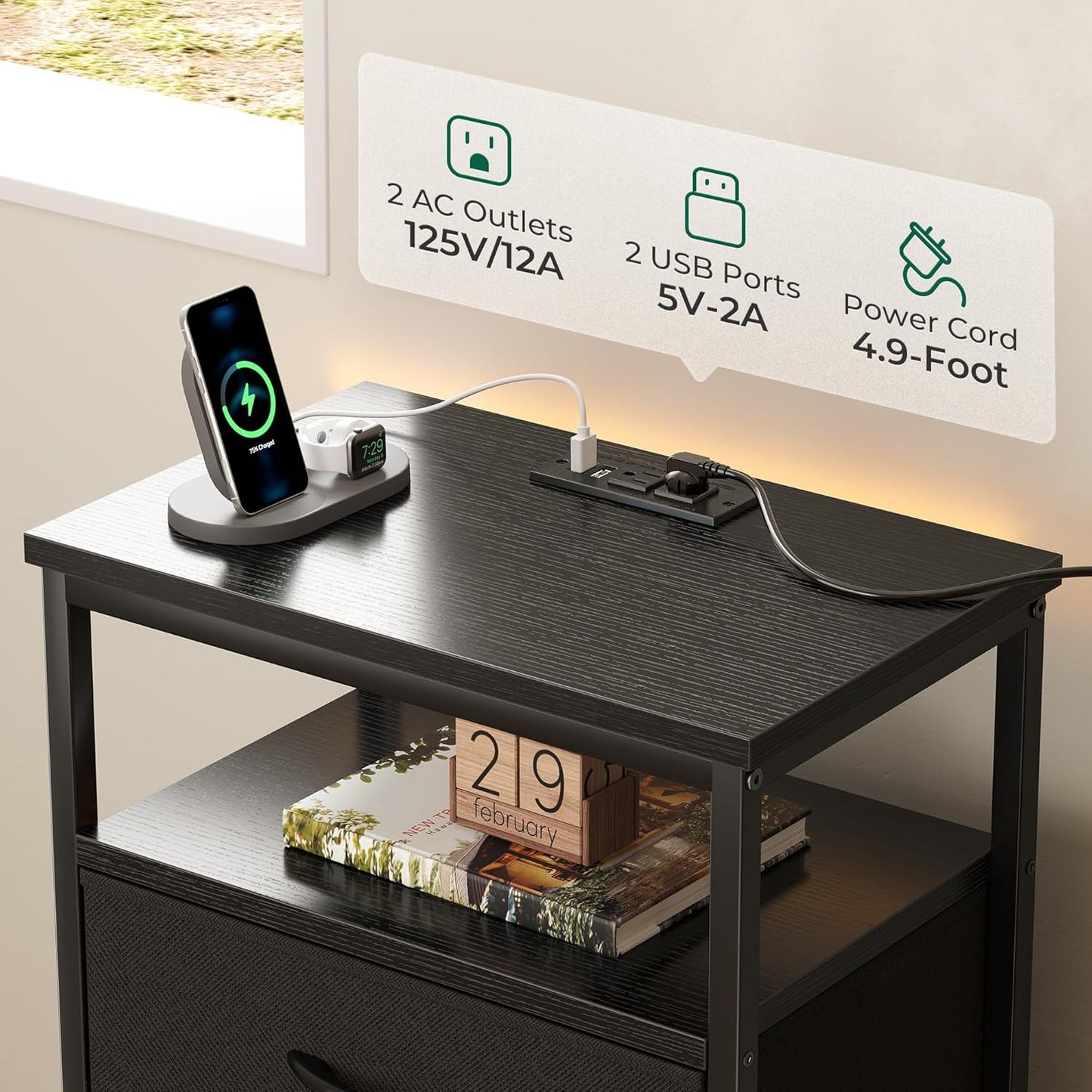 Huuger Nightstands Set of 2, 27.6 Inch End Tables with Charging Station, Bed Side Tables with Fabric Drawers, USB-C Port and Outlet, Night Stands for Bedroom, Black