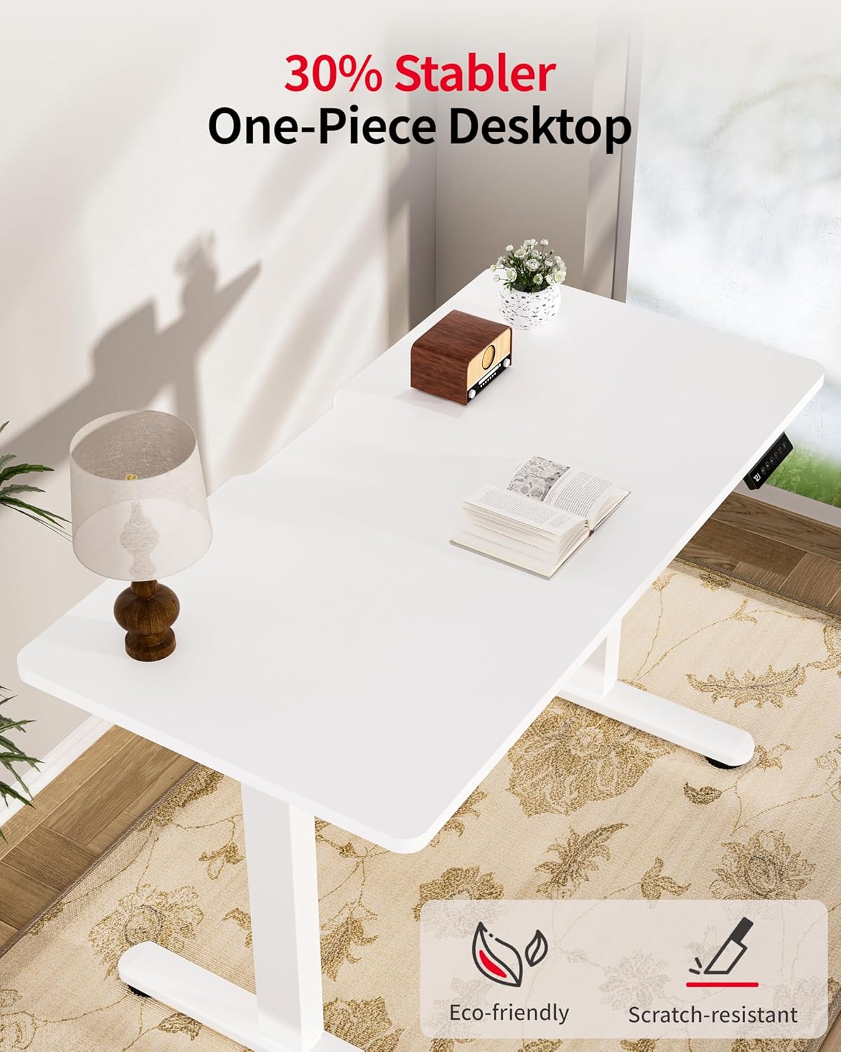 Okin Standing Desk Electric Adjustable Computer Whole Piece Stand up Desk Office Gaming Home Office Memory Desks 48x24 inches White