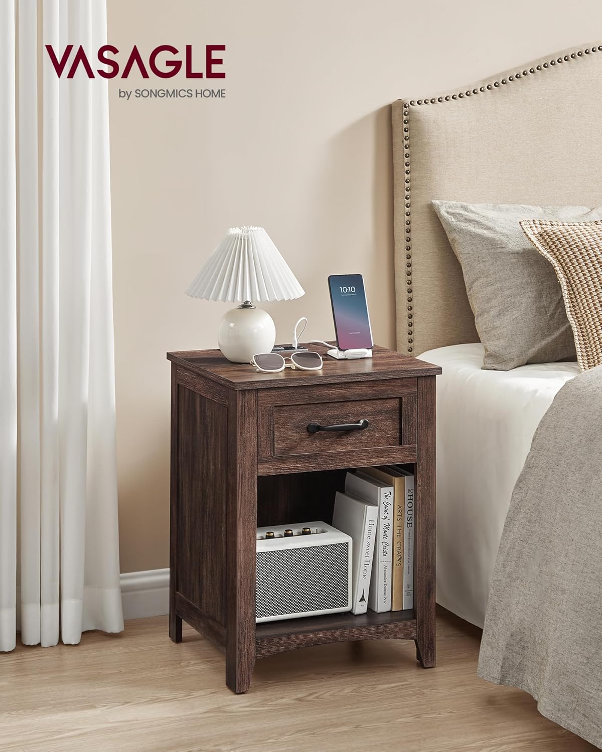 VASAGLE LIRY Collection - Farmhouse Nightstands with Charging Station, Set of 2 Bedside Tables, Side Tables with Drawer, Open Compartment, for Bedroom, Maroon Brown ULET959K51