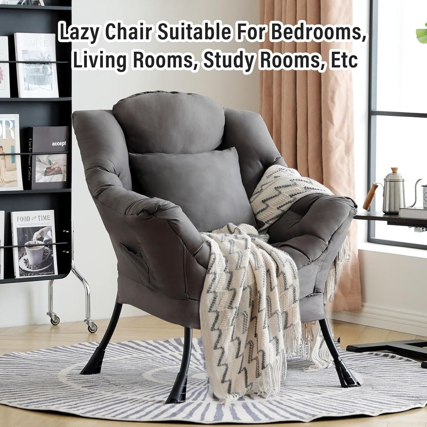 Lazy Chair with Pillow for Living Room, Modern Lounge Accent Chair with Armrests, Leisure Sofa Chair Set, Reading Chair for, Bedroom, Dorm Room, Office, Dark Grey