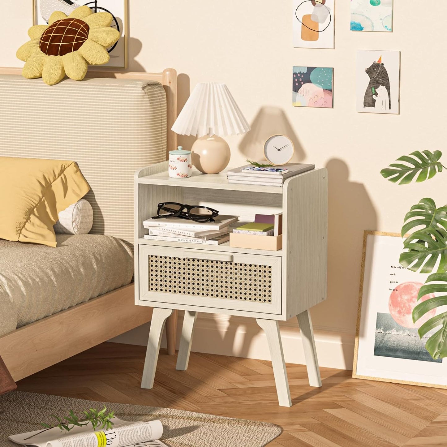 Lerliuo Rattan Nightstand, Side Table with Drawer Open Shelf, Cane Accent Bedside End Table with Solid Wood Legs, Mid Century Modern Night Stand for Bedroom, Dorm and Small Spaces (Grey White)