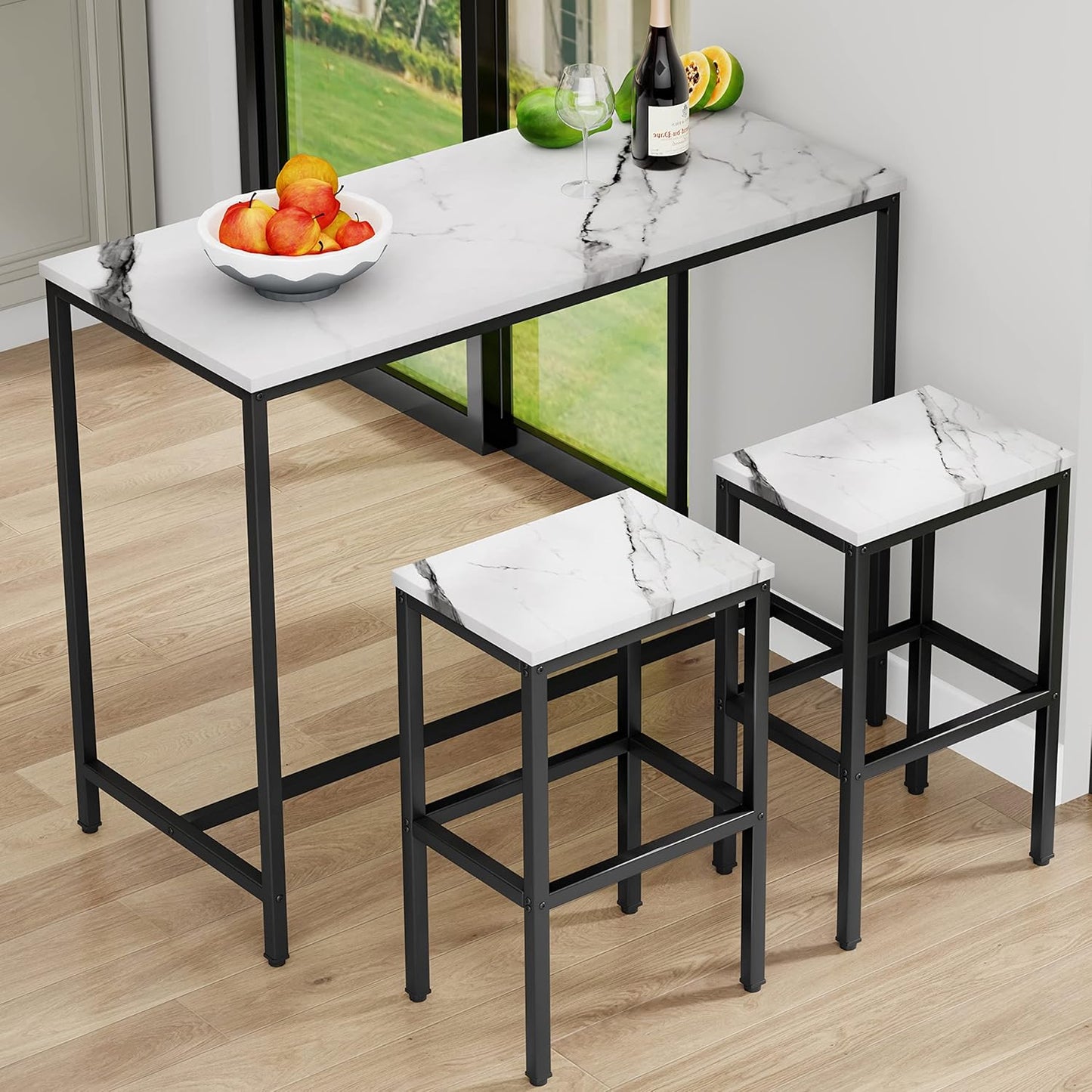 Aklaus Bar Table Set,44" White Faux Marble Top Bar Table and Chairs Set,Counter Height Bar Table with 2 Bar Stools,3 Piece Kitchen Breakfast Table for Living Room Dining Room Apartment