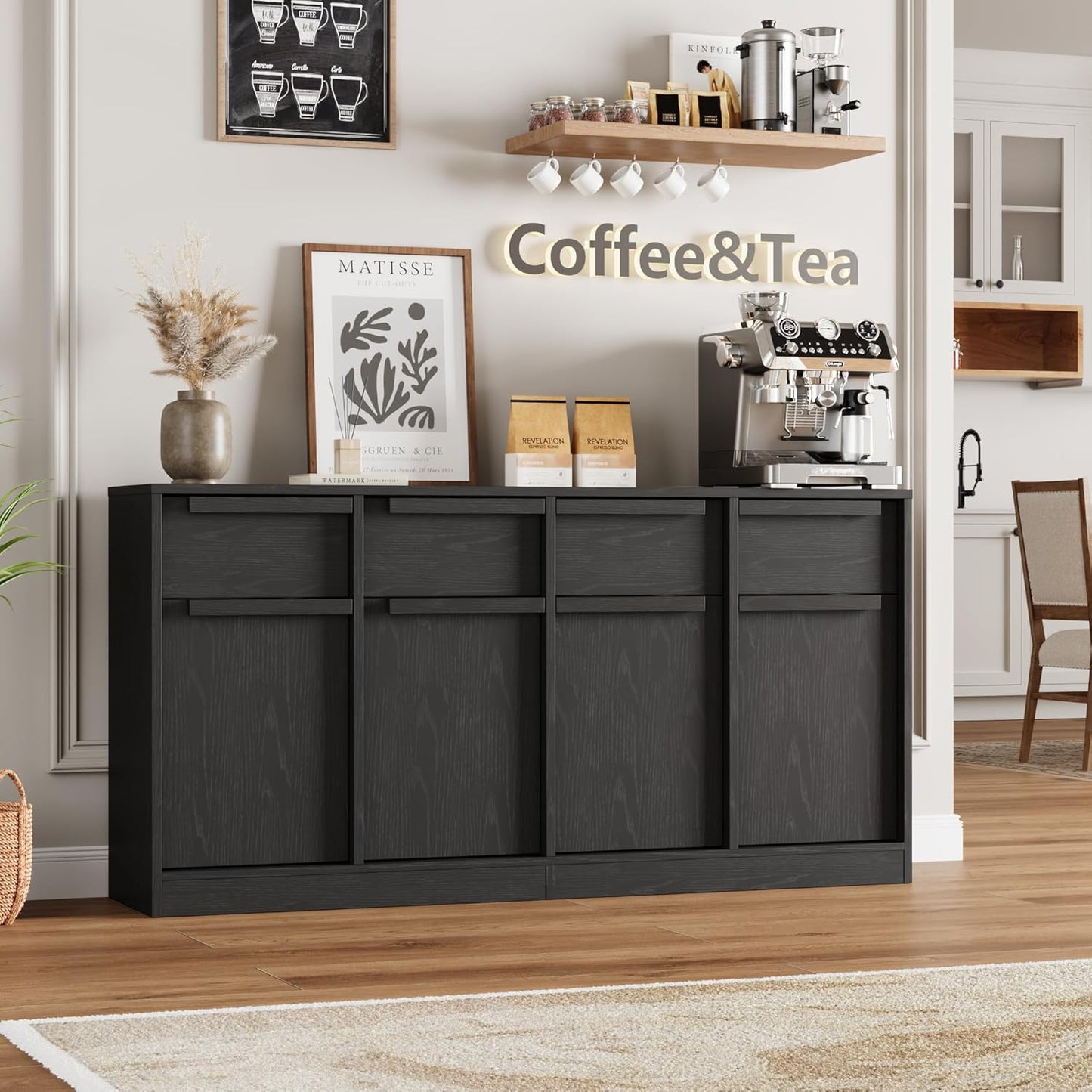 GarveeHome Sideboard Buffet Cabinet with 4 Drawers, 62.4" Large Coffee Cabinet with Storage, Modern Storage Buffet Table for Kitchen Dining Room, Living Room (Black, 4 Doors & 4 Drawers)