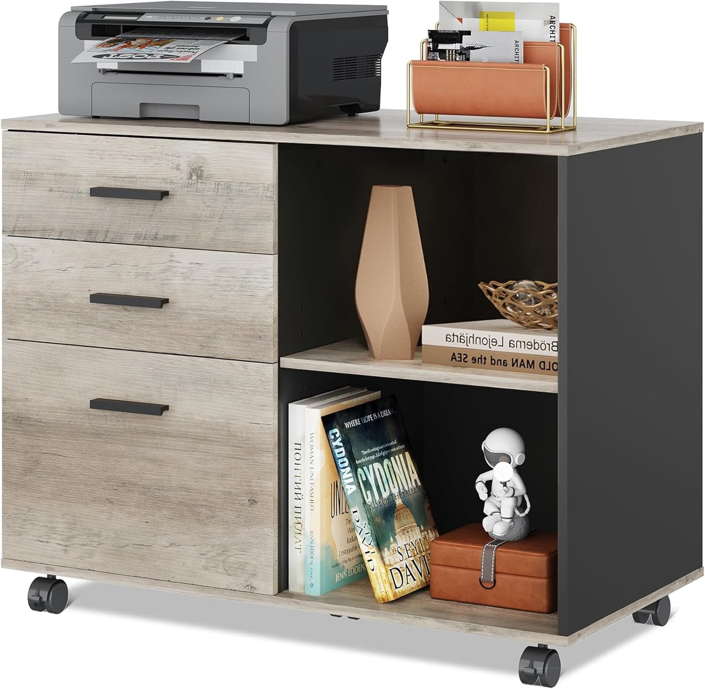 DEVAISE 3 Drawer Mobile File Cabinet, Wood Lateral Filing Cabinet, Printer Stand with Open Shelves for Home Office, Greige