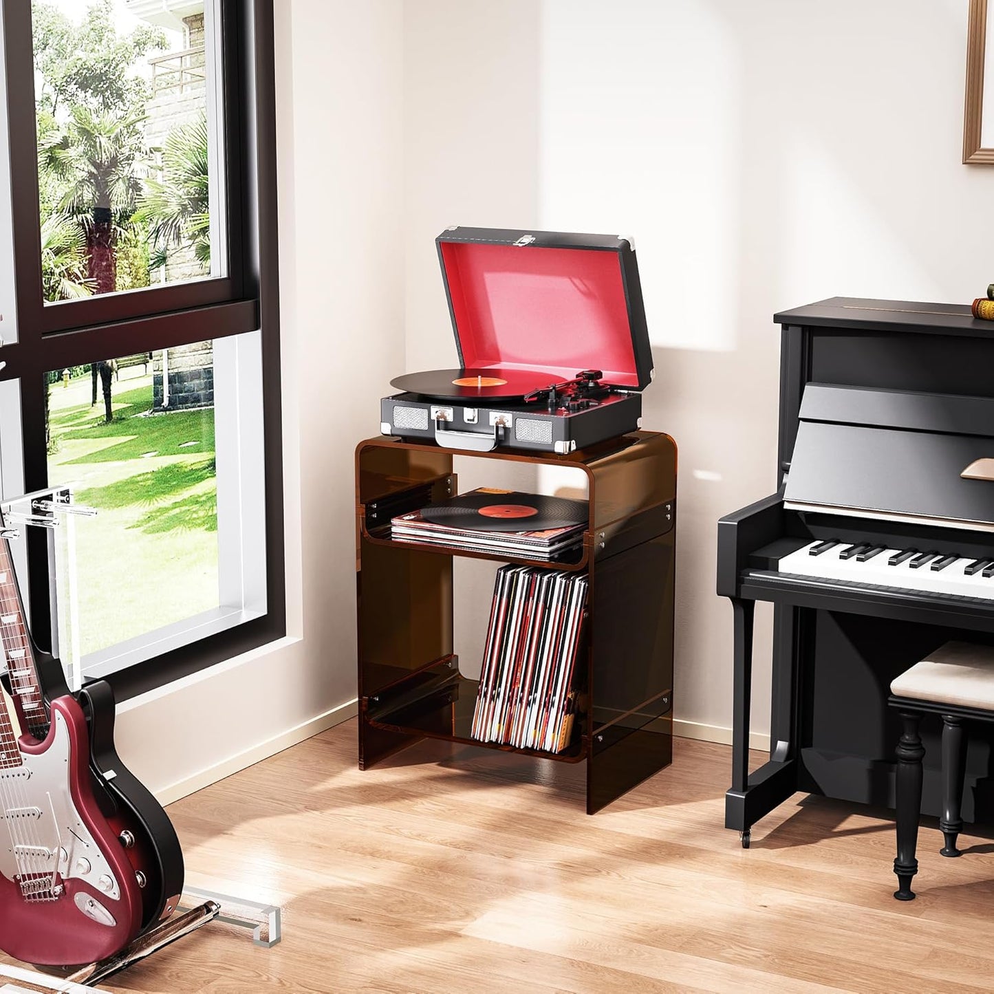 Acrylic Record Player Table with Storage Shelf, Clear Side Table Nightstand (Dark Brown)