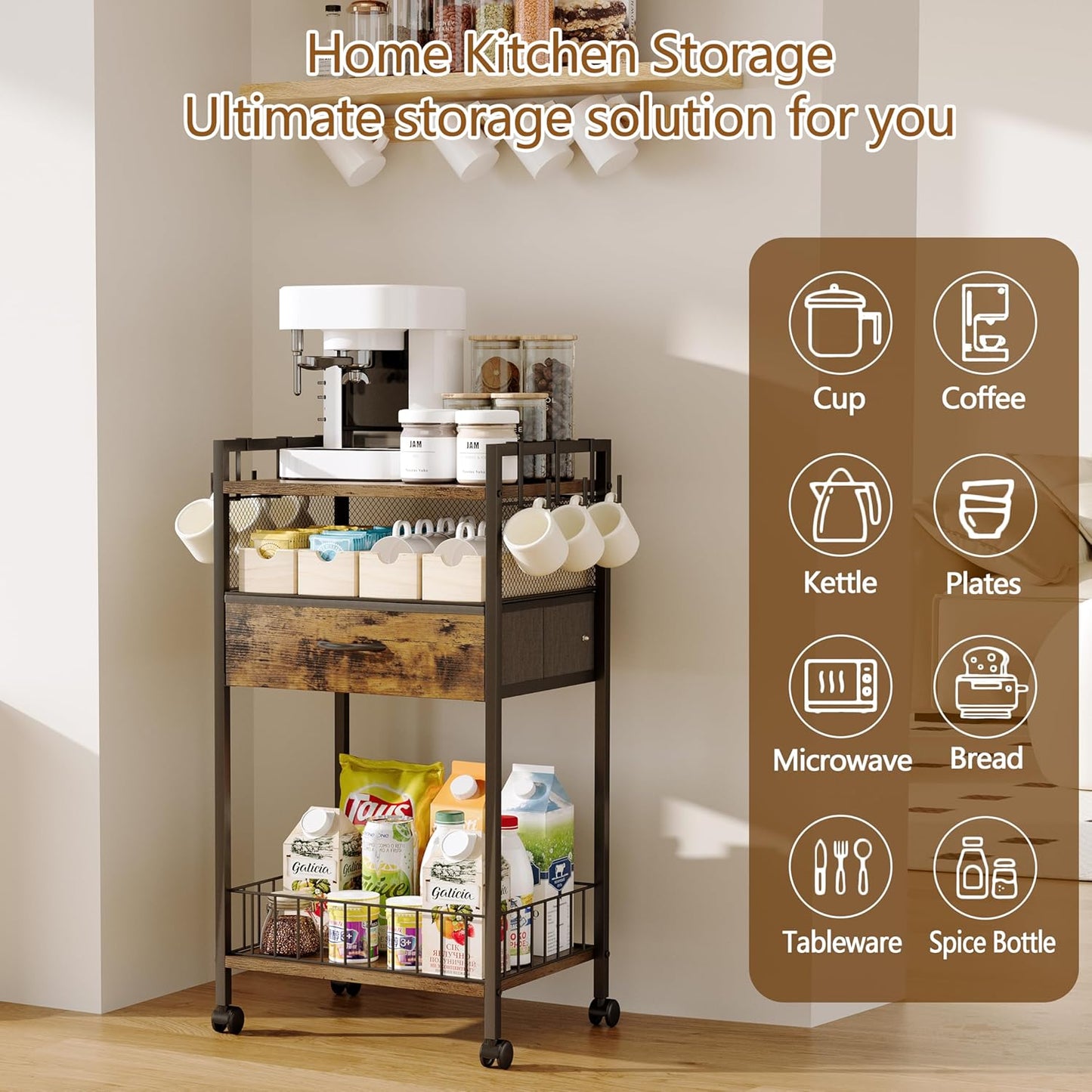 Small Coffee Bar Cart with Drawer Srorage, Coffee Bar Station Organizer Mug Cup Holder Stand, 3-Tier Coffee Table for Home Buffets & Sideboards, Office Coffee Station for Kichen, Entryway, Living Room