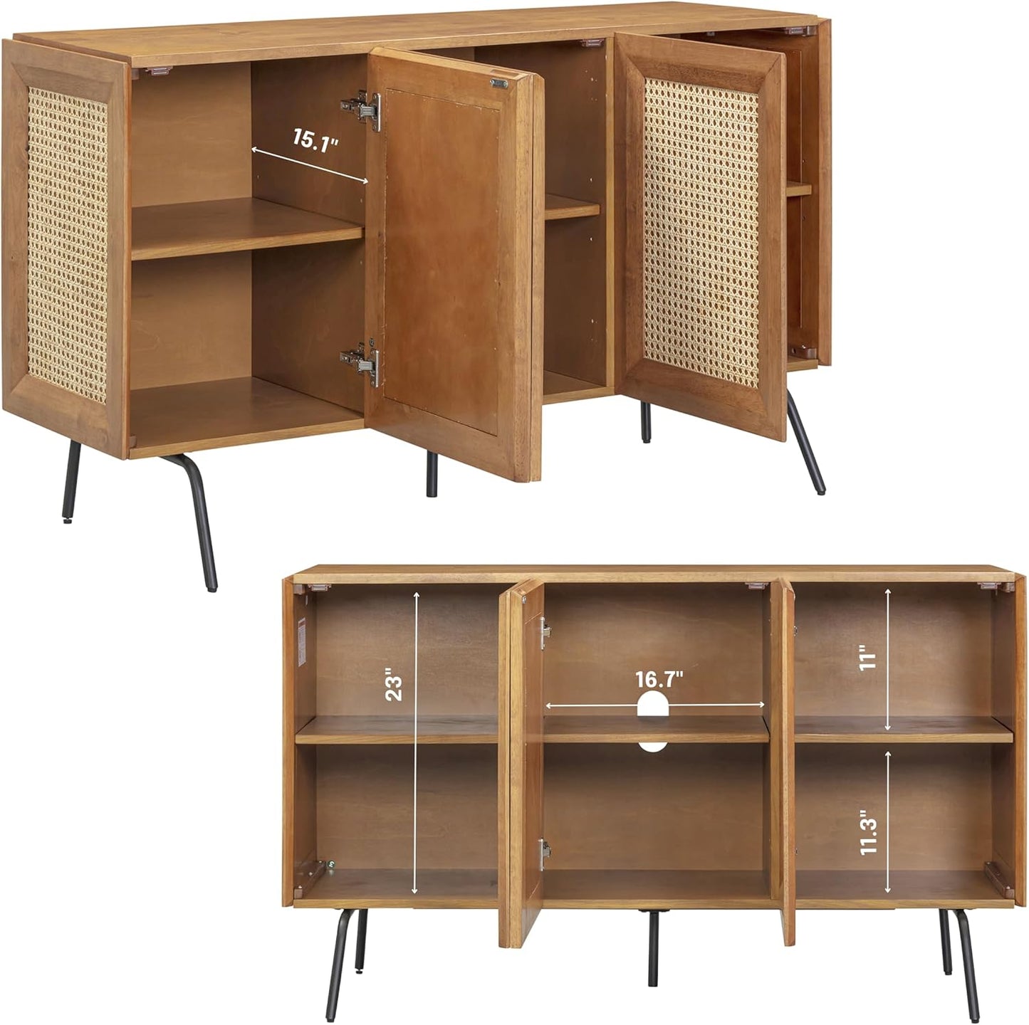 NTC MOSSIC Modern Sideboard with 3 Doors, Natural Rattan Storage Cabinet, Buffet with Metal Legs, Boho Accent Cabinet for Living Room, and Entryway, Effortless Assembly, Teak Look