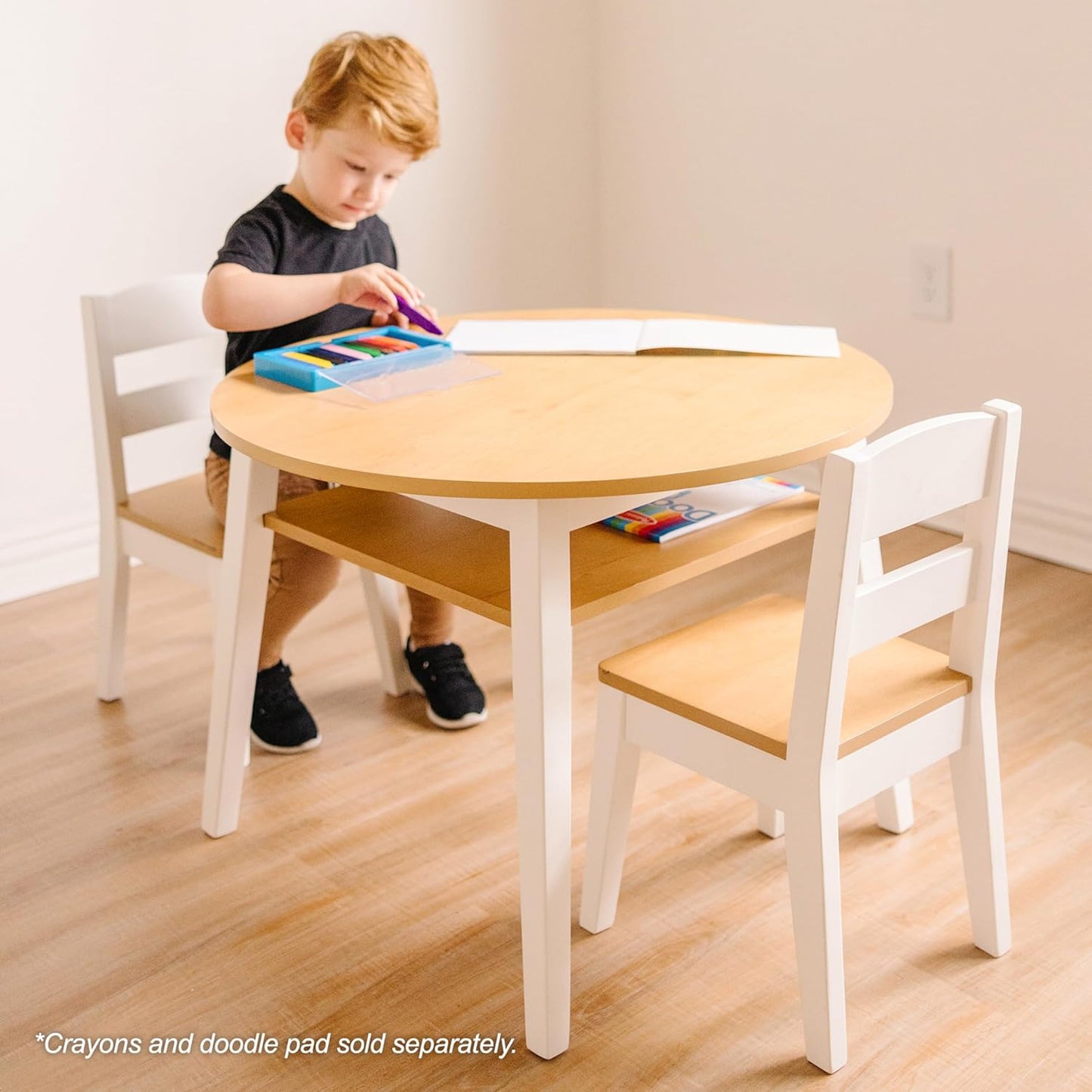 Melissa & Doug Wooden Round Table and 2 Chairs Set – Kids Furniture for Playroom, Light Woodgrain and White 2-Tone Finish Two-Tone Round Wooden Toddler And Kids Table And Chairs Activity Furniture Set