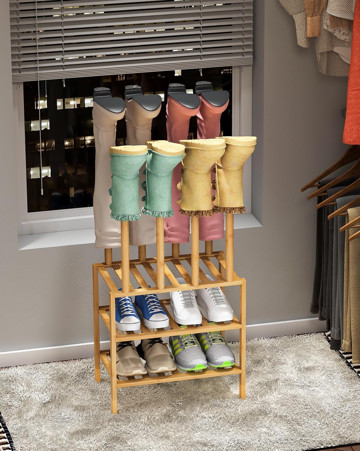 Small Boot Rack with Shoe Rack, Boot Rack Organizer Tall Boots for Closet, Bamboo Wood Shoe Shelf Storage Organizer for Entryway Small Space
