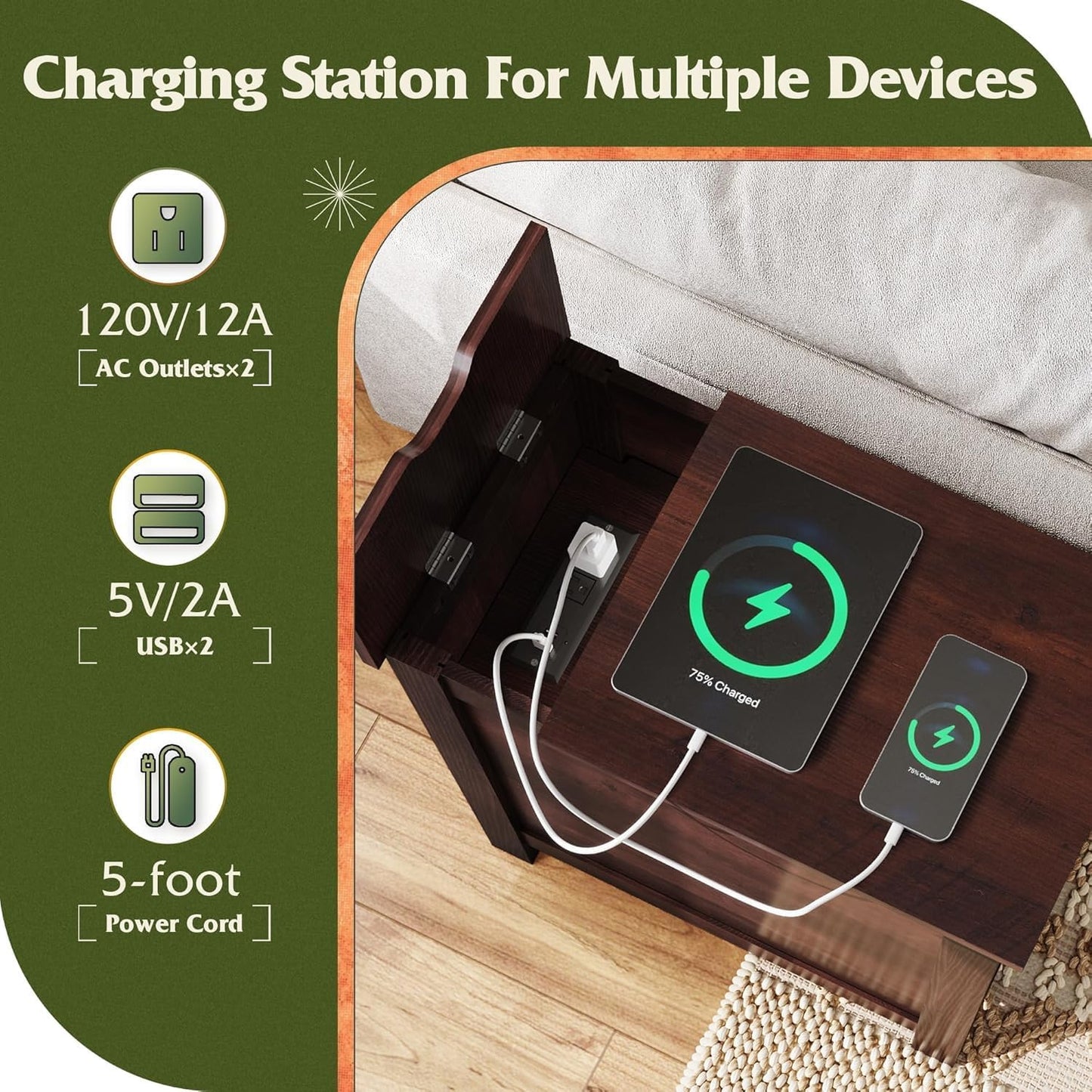 WLIVE Narrow End Table Set of 2 With Charging Station, Side Tables for Living Room, Small Spaces, Couch, Night Stand Set With Storage, USB Ports and Outlets, Espresso