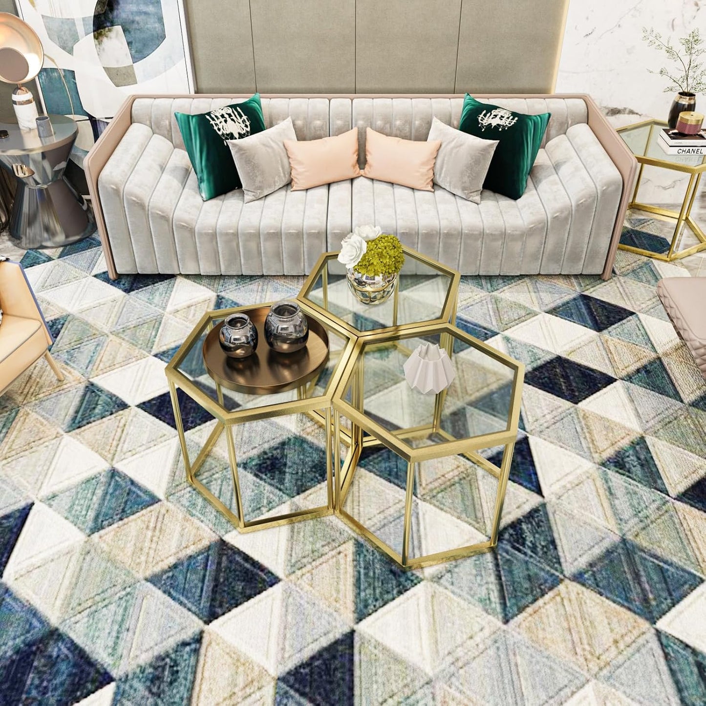 Gold Coffee Table Glass Modern Coffee Table, Hexagon Free Combination Glass Center Table Small End Tables with Metal Frame for Living Room Set of 1