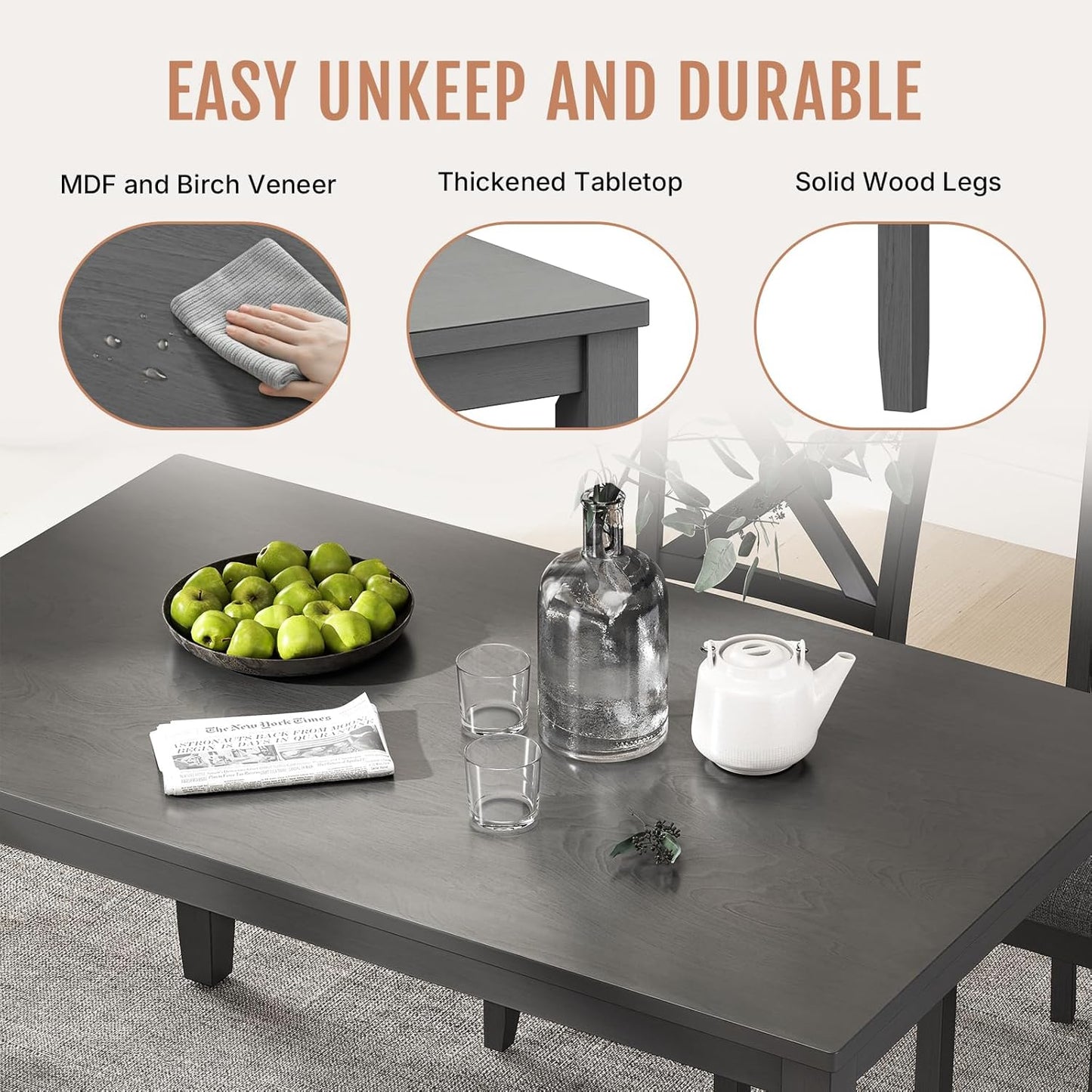 6-Piece Wooden Dining Table Set, Dining Table Set for 6, Including 1 Dining Table, 4 Upholstered Chairs and 1 Bench, Wooden Legs Dining Table, Table Set for Dining Room, Grey