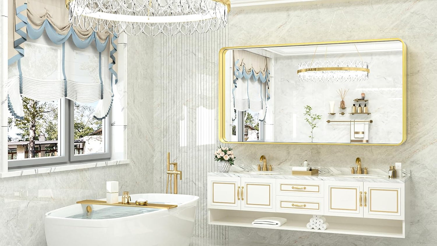 TokeShimi 60 x 28 Inch Brushed Gold Bathroom Vanity Mirror for Wall with Non-Rusting Aluminum Alloy Matte Metal Frame for Modern Farmhouse Home Decor (Horizontal/Vertical)