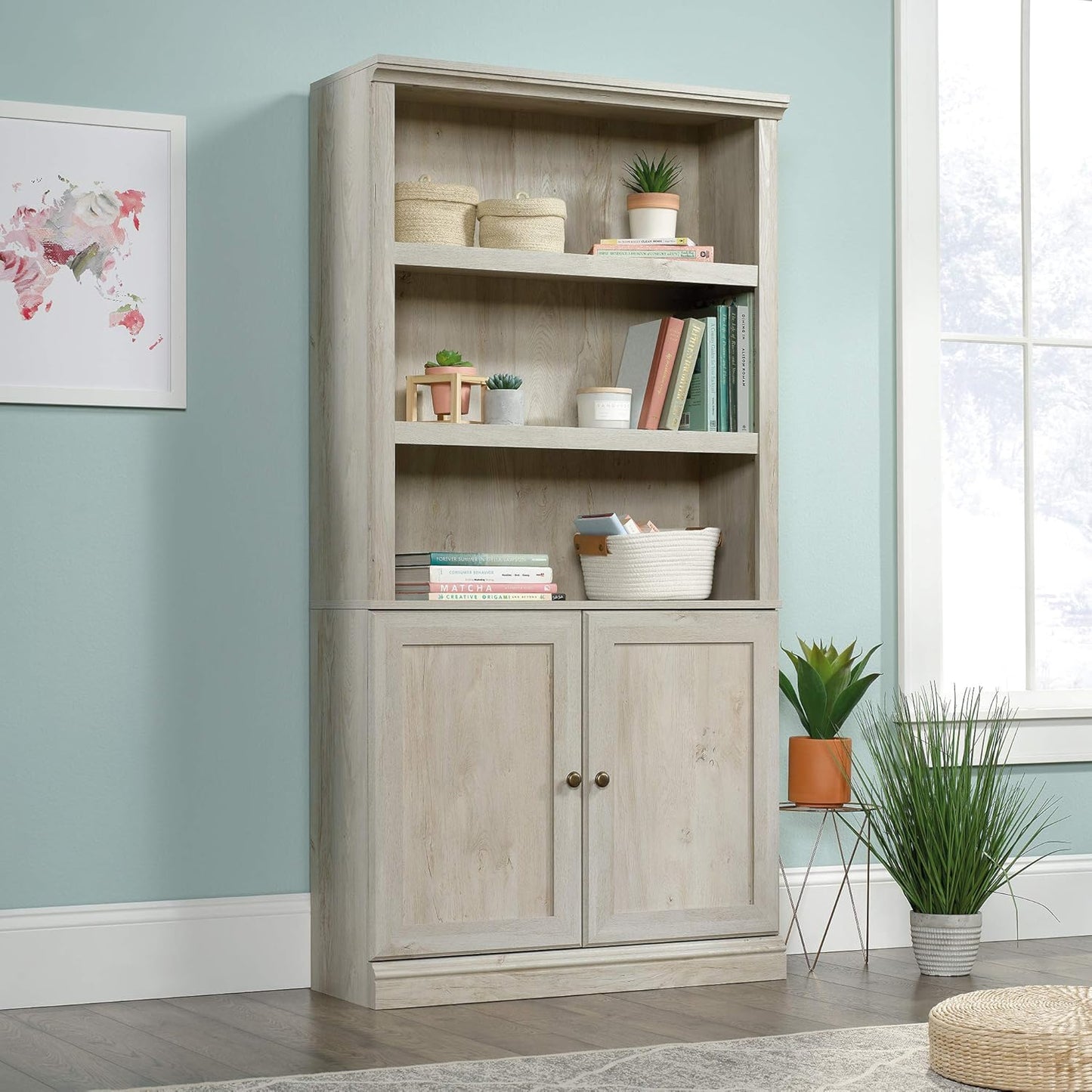 Sauder Miscellaneous Storage Bookcase with Doors, Adjustable Shelves, 5 Shelf Bookcase - Chalked Chestnut Finish