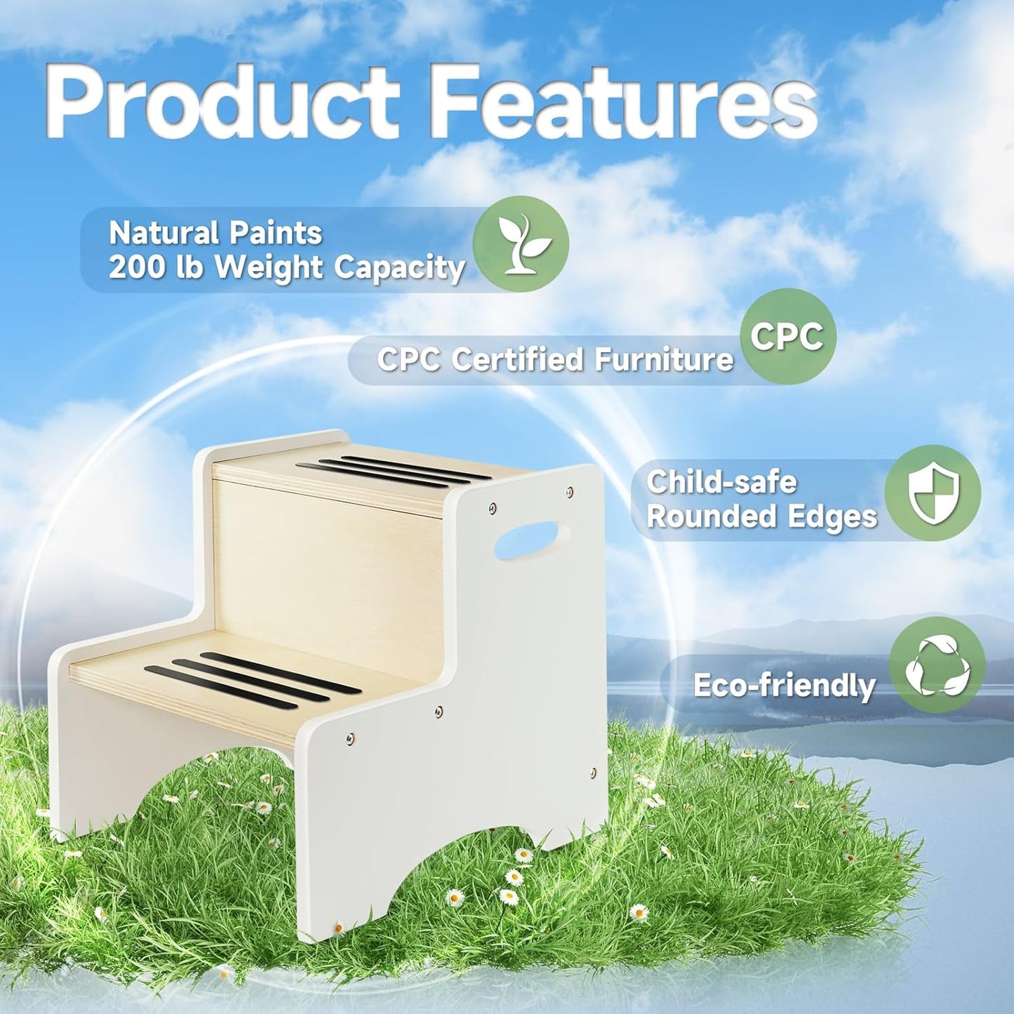 WOOD CITY Kids Step Stool for Toddler, Wooden White-Natural Patchwork Two Step Children's Stool with Handles, Bonus Non-Slip Pads for Safety, Bathroom Potty Stool & Kitchen Step Stools Dual Height