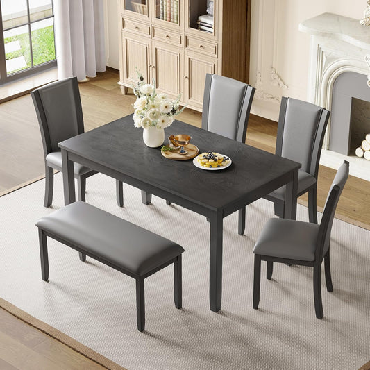 Ball & Cast 6 Piece Dining Table Set with 4 Upholstered Chairs & 1 Bench,Farmhouse Wooden Living Room Furniture for 6 W/ 58.5" Rectangle Kitchen Desk,for Restaurant,Home Bistro,Dining Room,Gray