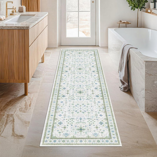 Boho Bathroom Runner 2x7 - Cream Green Oushak Floral Turkish, Washable Low Pile Non Slip Stain Resistant Small Accent Rug for Kitchen, Hallway