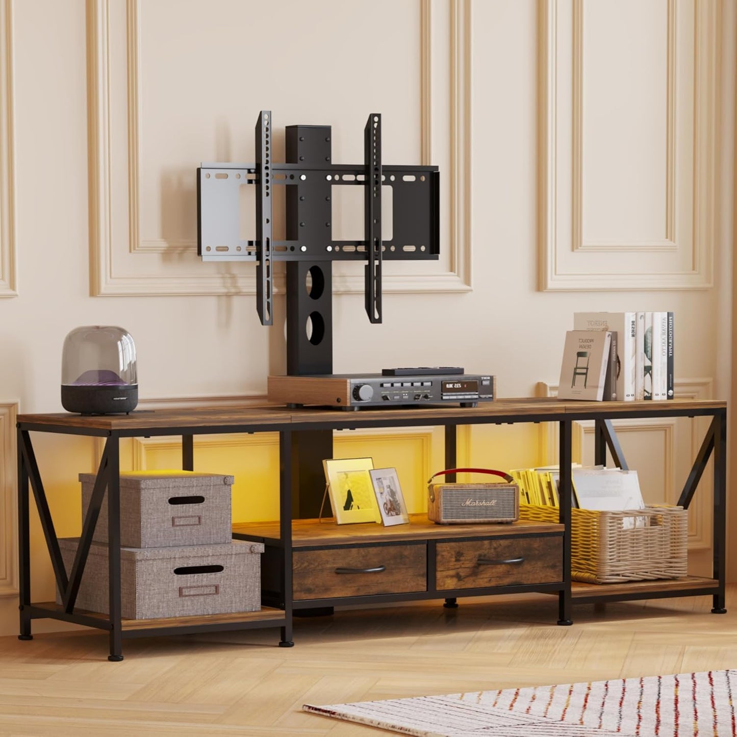 63" W TV Stand with Mount for 50,55,65,75" TV,Entertainment Center with Power Outlet and Led Lights,Height Adjustable TV Console Table with Shelves and Fabric Drawers (Rustic Brown)