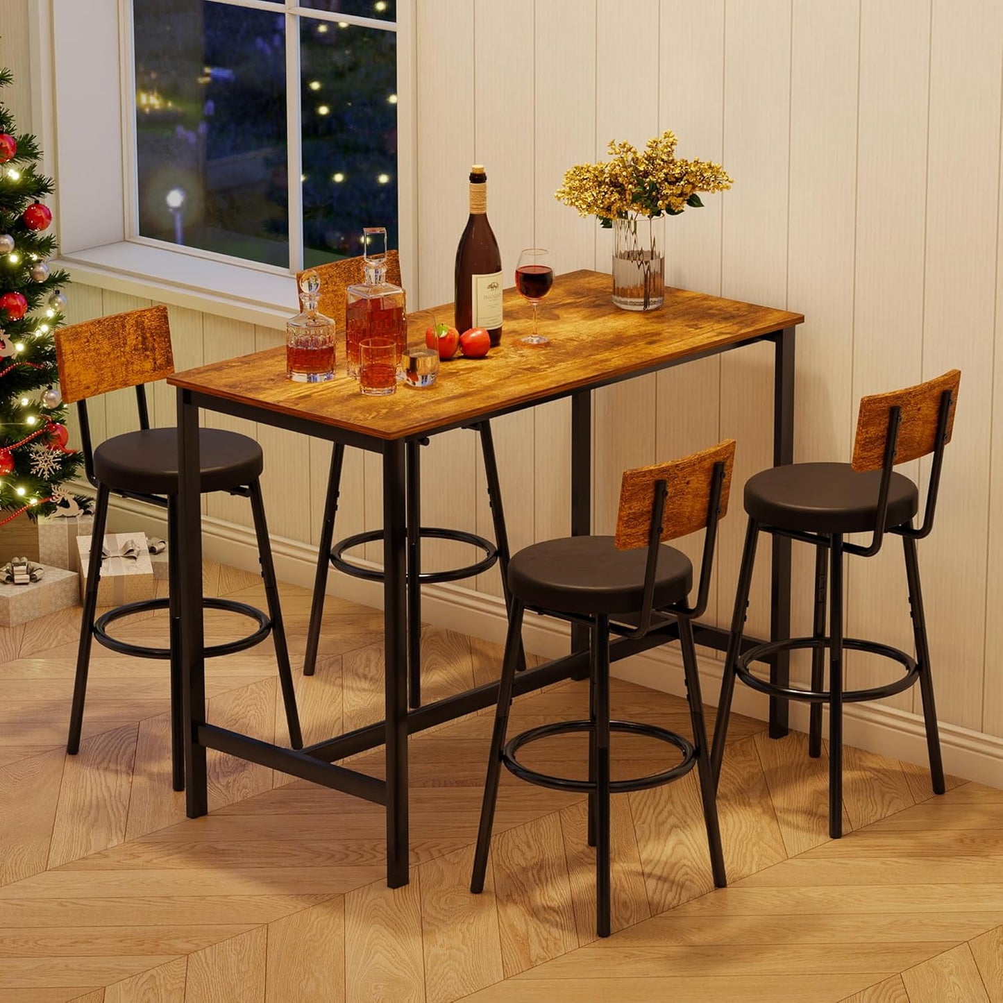 Tatub Bar Table and Chairs Set of 4, 5 Piece Counter Height High Breakfast Table Chairs Set of 4 for Dining Room, Brown