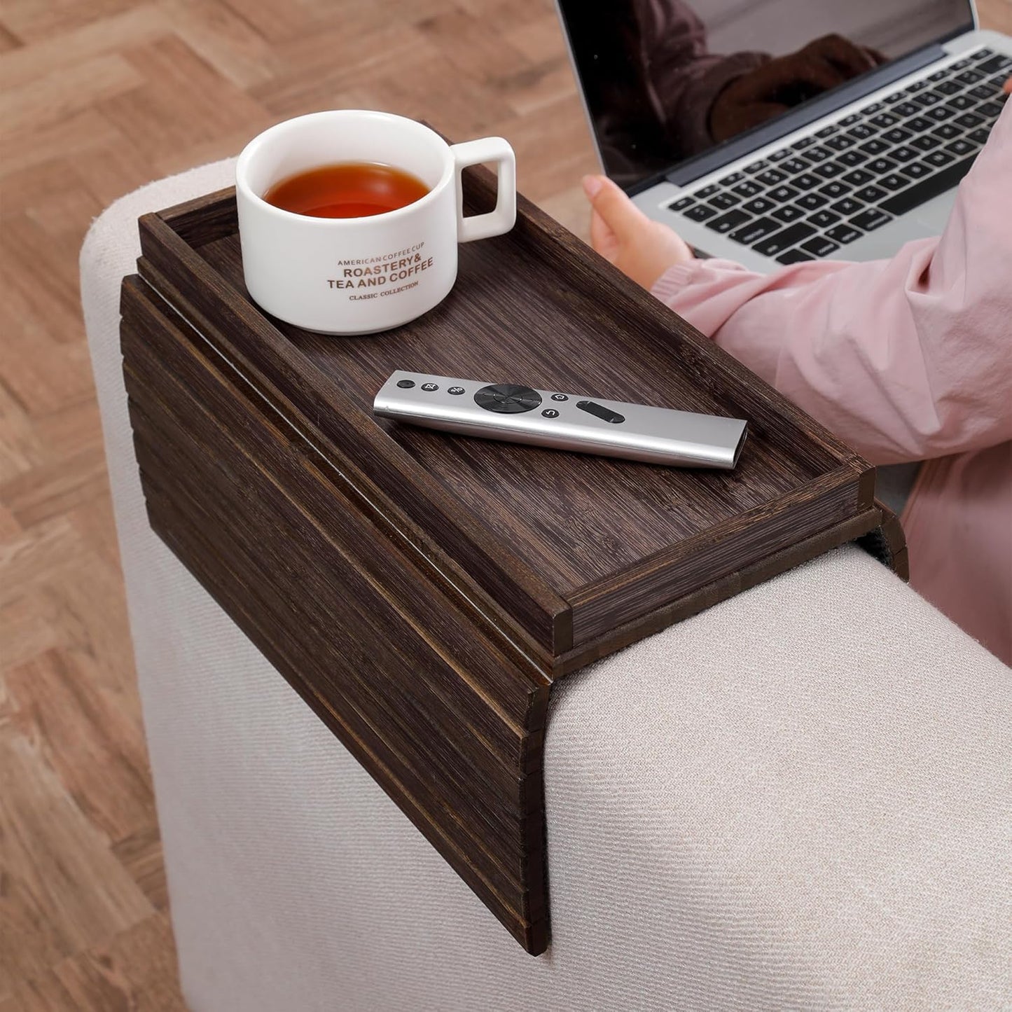 DETOR Couch Arm Tray, TV Tray with Capacious 12.4" x 5.4" Storage Box, Bamboo Grain Stained Brown Color, Enhanced Nonslip Felt Bottom, Sturdy Bamboo Slats Material | for Armrests 6" and Wider