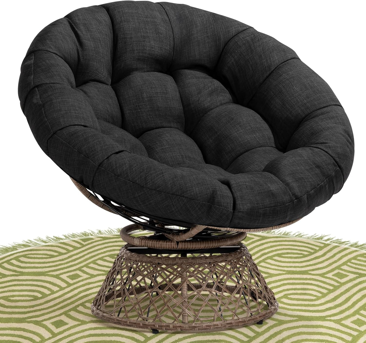 Bme 40" Ergonomic Wicker Papasan Chair with Soft Thick Density Fabric Cushion, High Capacity Steel Frame, 360 Degree Swivel for Living, Bedroom, Reading Room, Lounge, Onyx Stone - Brown Base