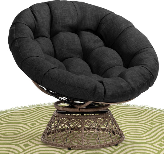 Bme 40" Ergonomic Wicker Papasan Chair with Soft Thick Density Fabric Cushion, High Capacity Steel Frame, 360 Degree Swivel for Living, Bedroom, Reading Room, Lounge, Onyx Stone - Brown Base