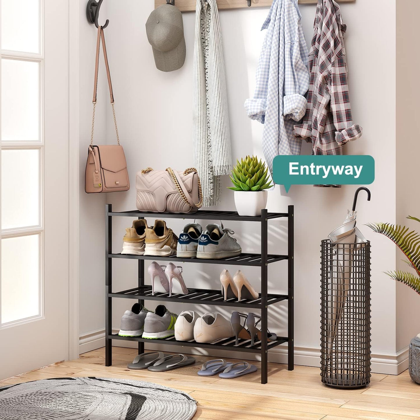 4-Tier Black Bamboo Shoe Rack for Entryway, Stackable | Foldable | Natural, Shoe Organizer for Hallway Closet, Free Standing Shoe Racks for Indoor Outdoor