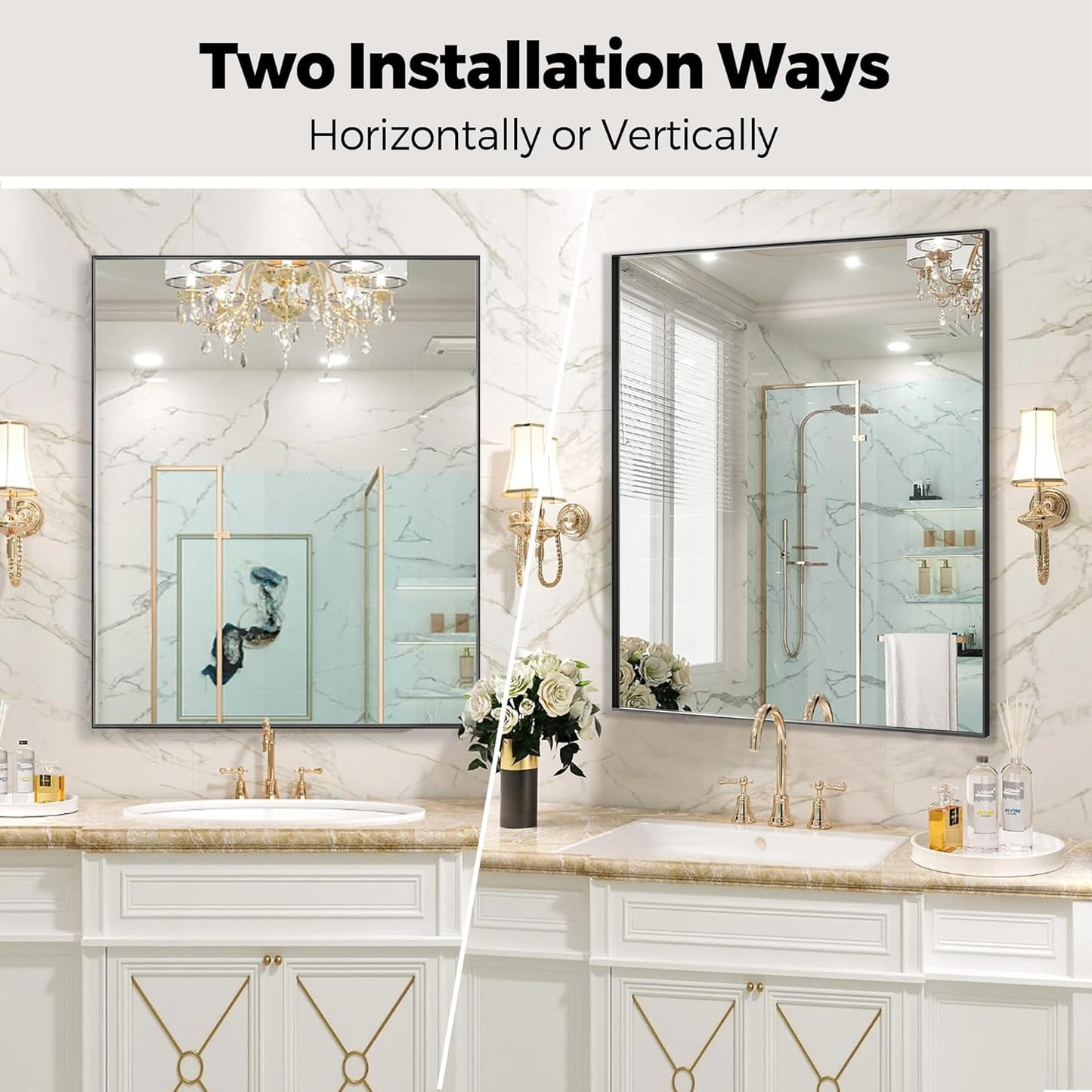 24x32 Inch Black Bathroom Mirror for Wall, Aluminum Frame Rectangle Rectangular Vanity Mirror, Modern Large for Bedroom, Living Room, Horizontal or Vertical