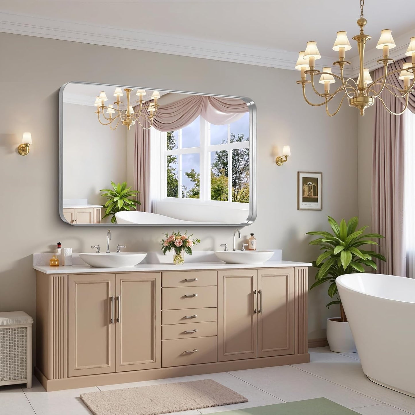 FORBATH 55x36 Inch Large Bathroom Mirror for Double Sinks, Brushed Silver Deep Frame Wall Mirror with Rounded Corners, Anti-Rust Tempered Glass for Modern Farmhouse Vanity (Horizontal/Vertical)