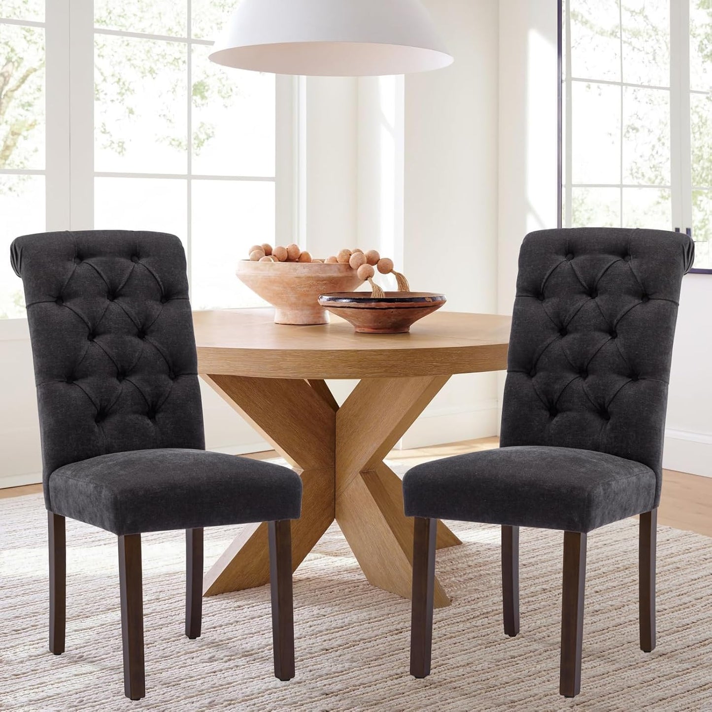 COLAMY Button Tufted Dining Chairs Set of 4, Parsons Upholstered Fabric Dining Room Chairs Kitchen Chairs with Wood Legs and Padded Seat, Black